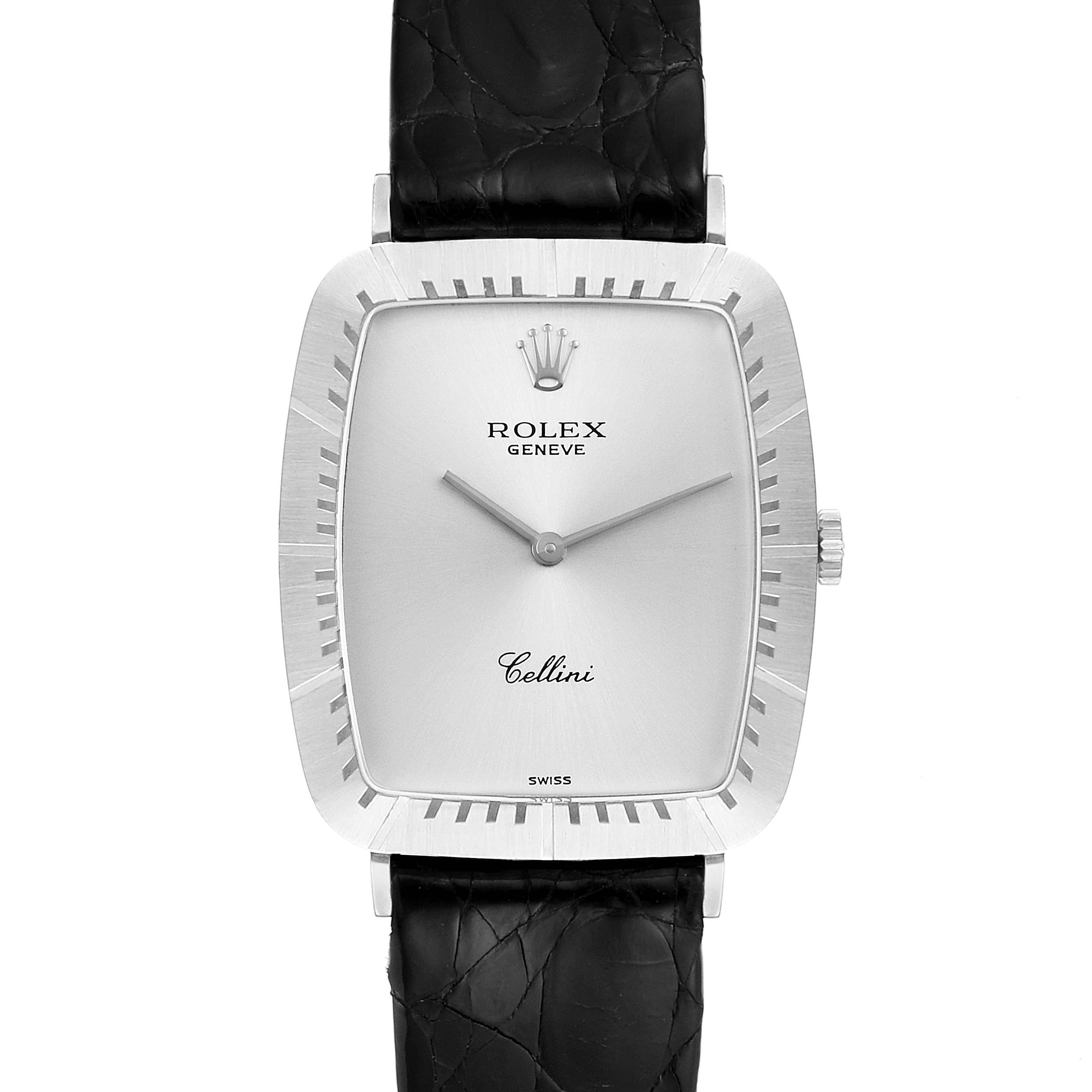 This is a frontal view of the Rolex Vintage Collection 4087 Men's White Gold Silver Dial 4087 Men's White Gold Silver Dial Cellini watch, showing its dial, hands, crown, and leather strap.