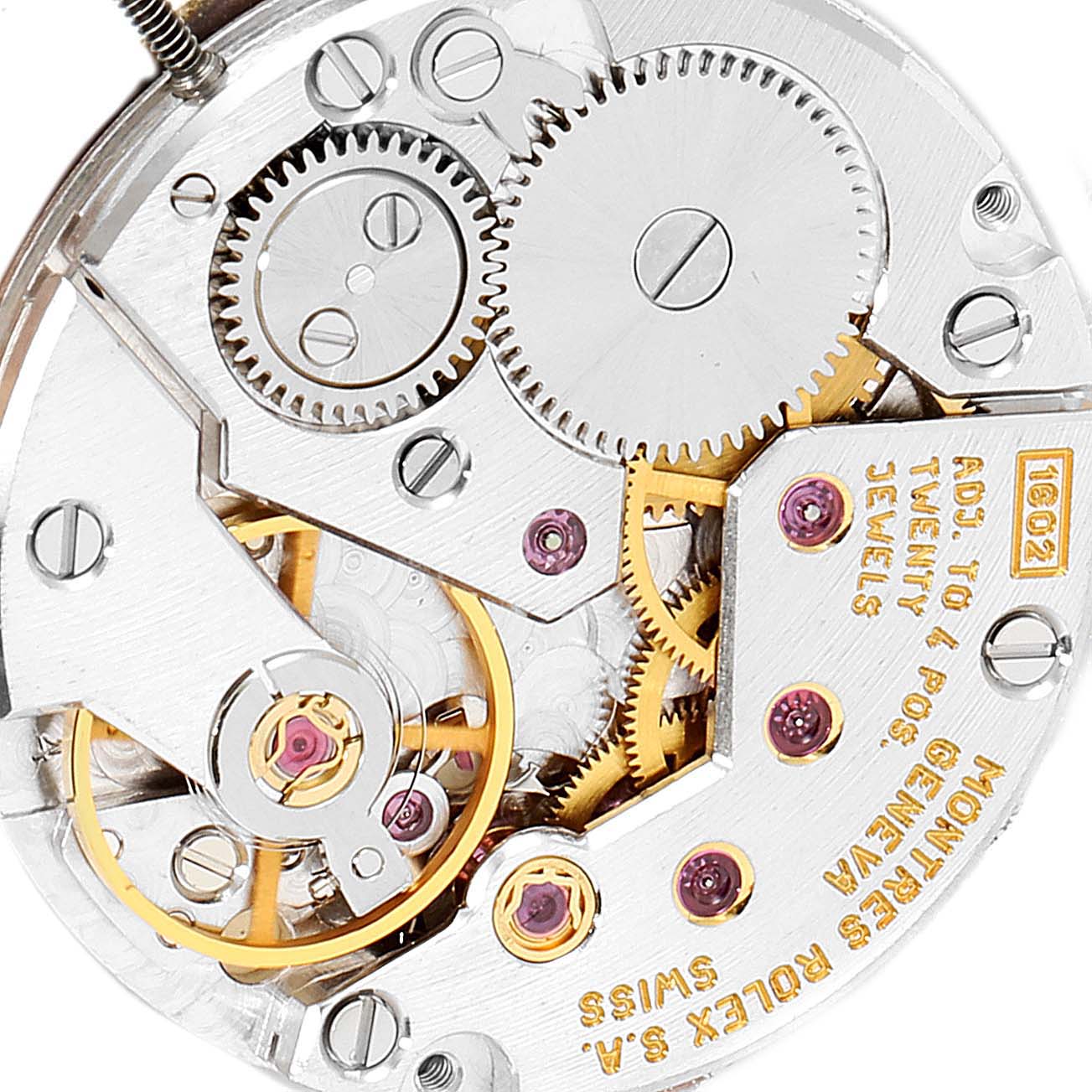 This image shows a close-up view of the internal movement gears of a Rolex Vintage Collection 4087 Men's White Gold Silver Dial 4087 Men's White Gold Silver Dial model watch.
