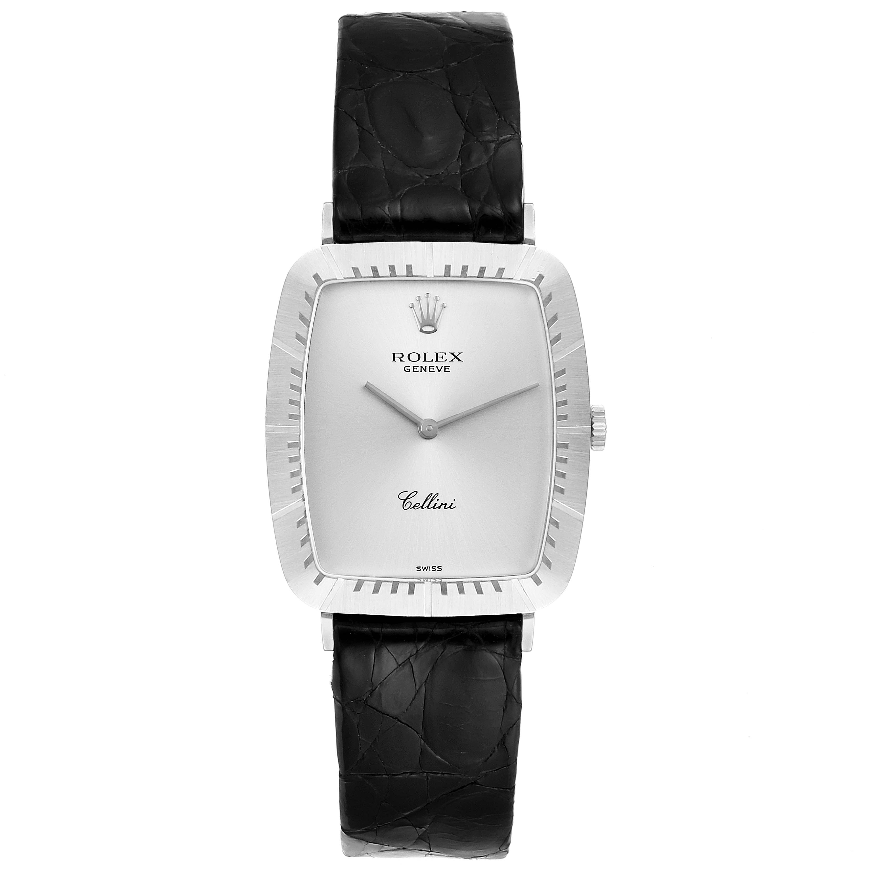 The image shows a front view of the Vintage Collection Rolex Cellini watch with a rectangular dial and black leather strap.
