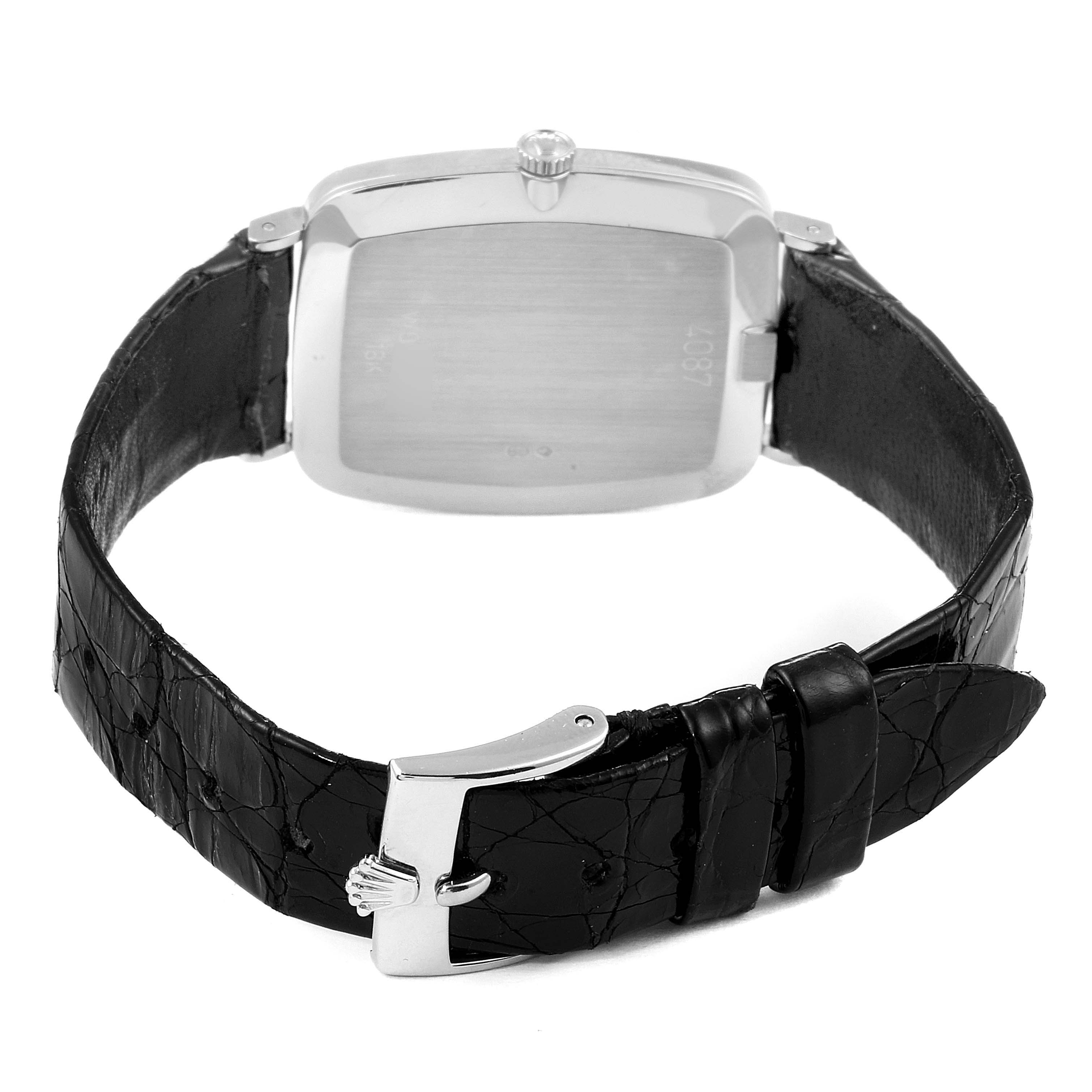 The image shows the back view of the Rolex Vintage Collection 4087 Men's White Gold Silver Dial 4087 Men's White Gold Silver Dial watch with its black leather strap and buckle.