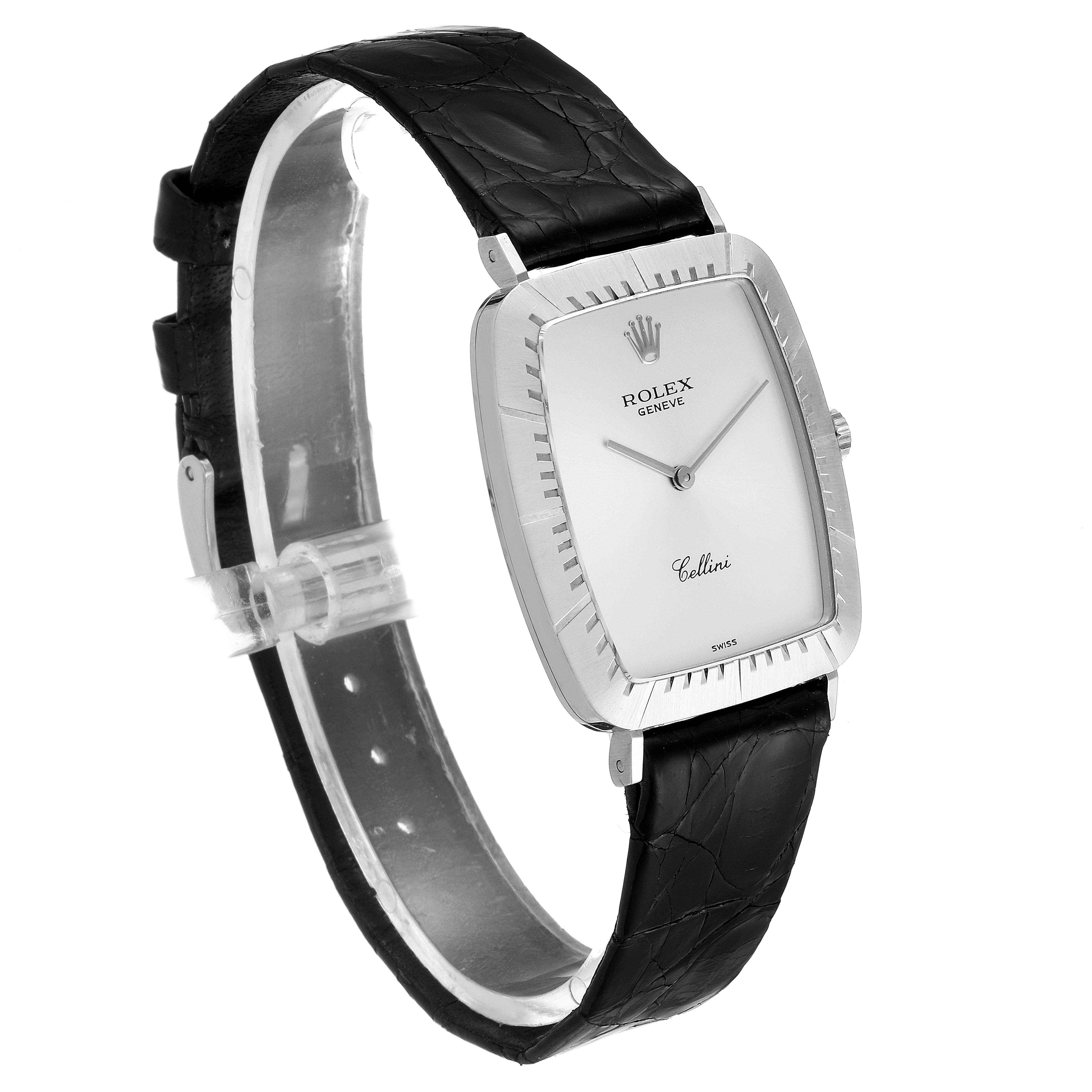 The image shows a three-quarter view of the Rolex Vintage Collection 4087 Men's White Gold Silver Dial 4087 Men's White Gold Silver Dial model watch, featuring its dial, case, and leather strap.