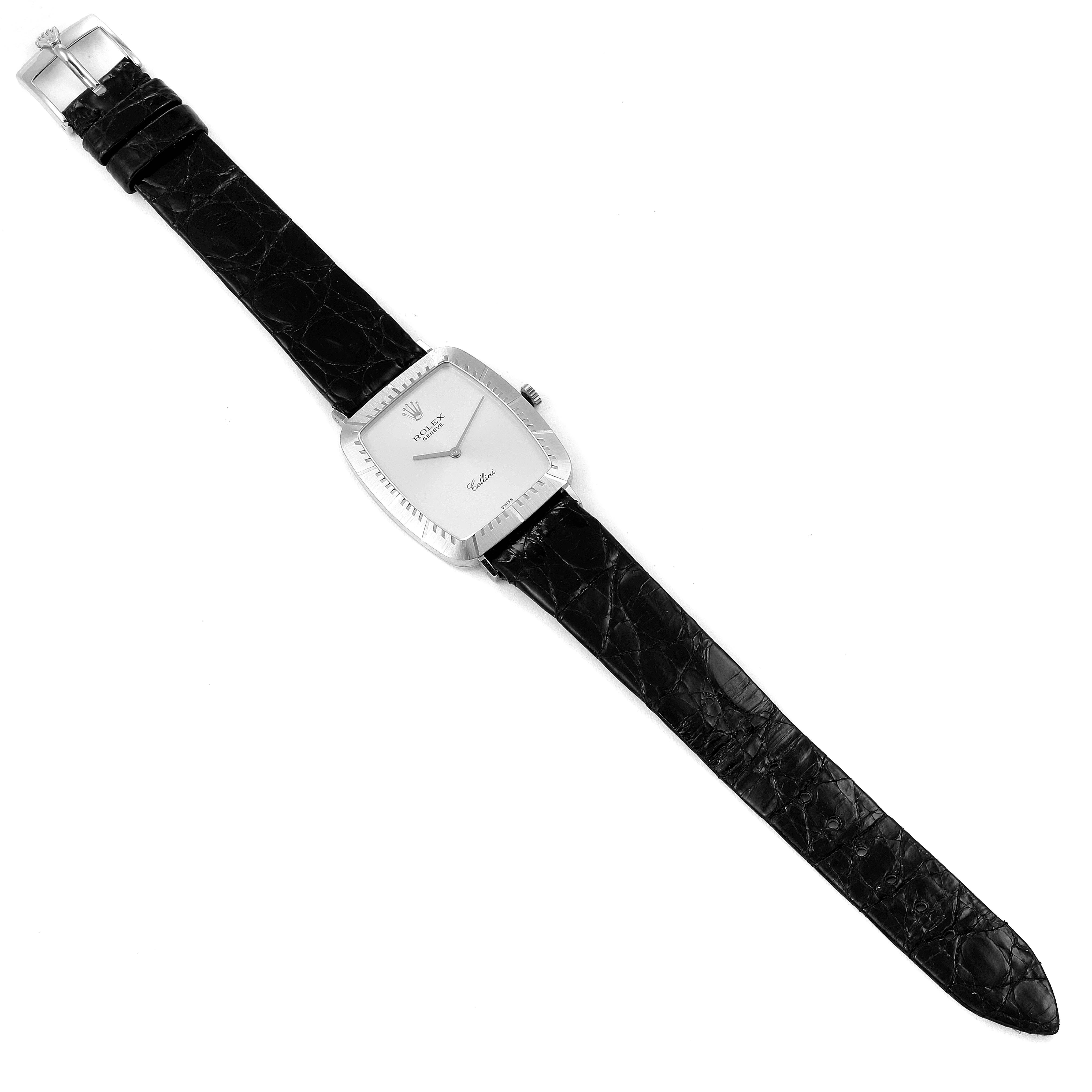 The image shows a full top-down view of a Rolex Vintage Collection 4087 Men's White Gold Silver Dial 4087 Men's White Gold Silver Dial model watch with a rectangular face and black leather strap.