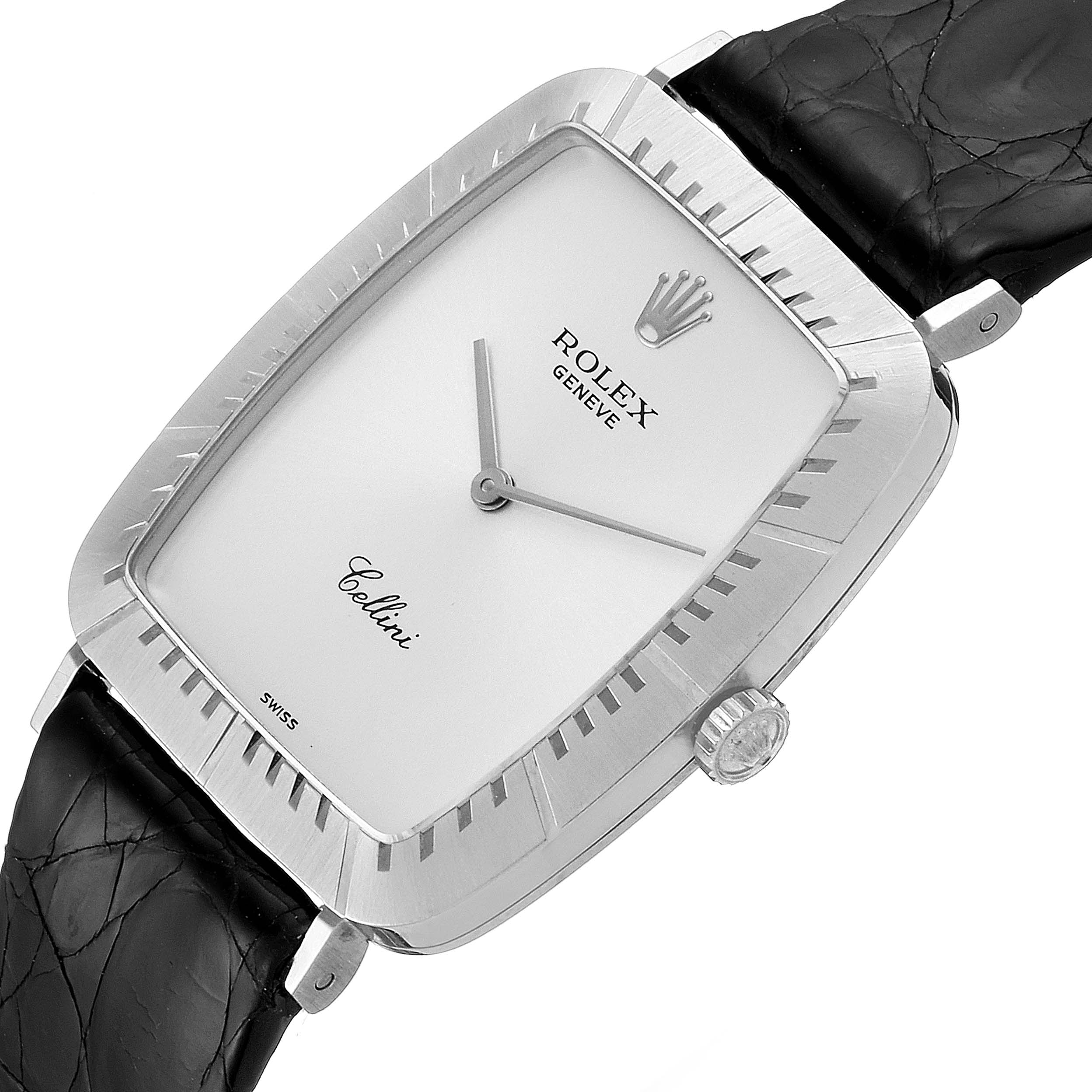 The image shows a close-up of the face and leather strap of a Rolex Cellini Vintage Collection watch, displayed at a slight angle.