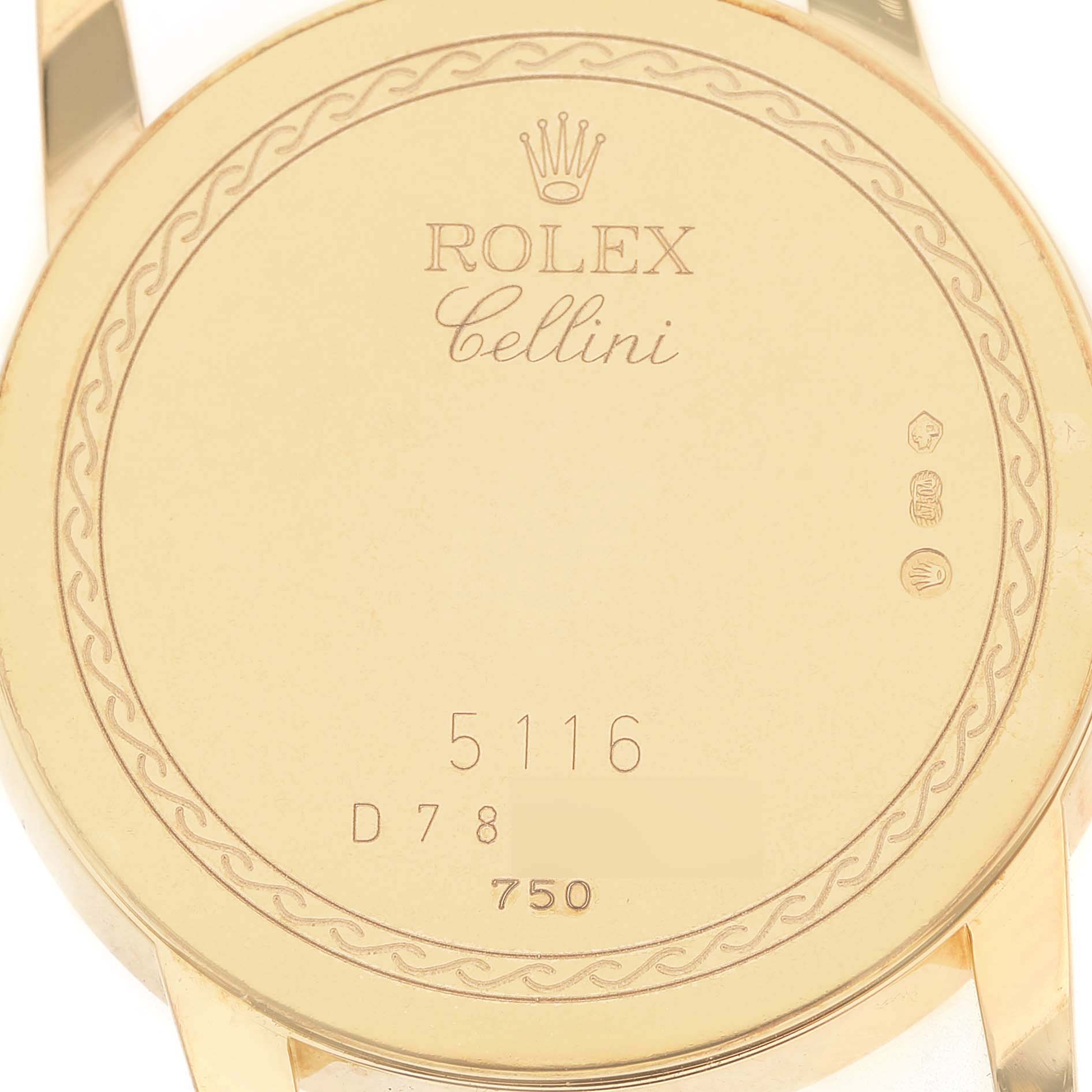 The image shows the back case of a Rolex Cellini 5116 Men's Yellow Gold Grey Dial watch, engraved with branding and model details.
