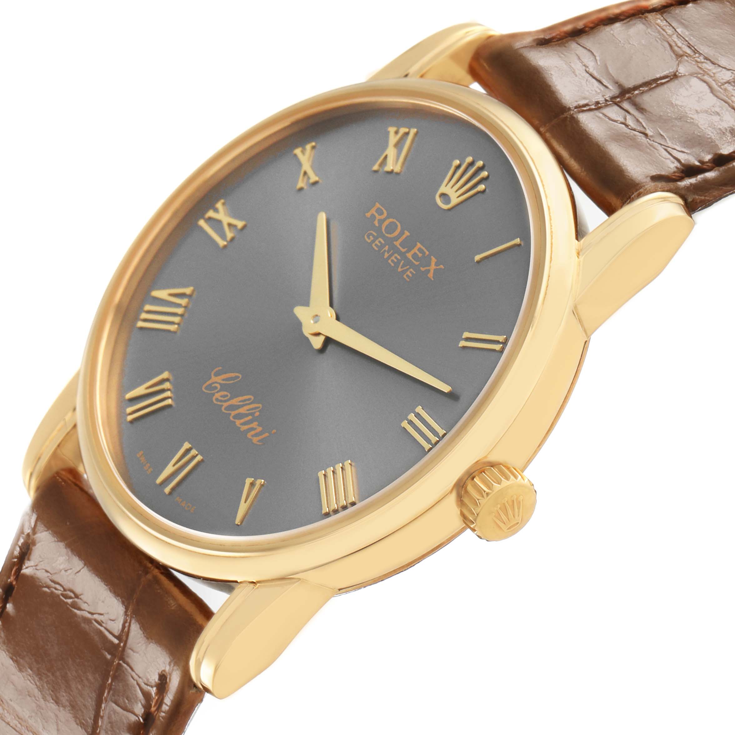 The Rolex Cellini 5116 Men's Yellow Gold Grey Dial watch is shown at an angled side view, highlighting its gold case, crown, and brown leather strap.