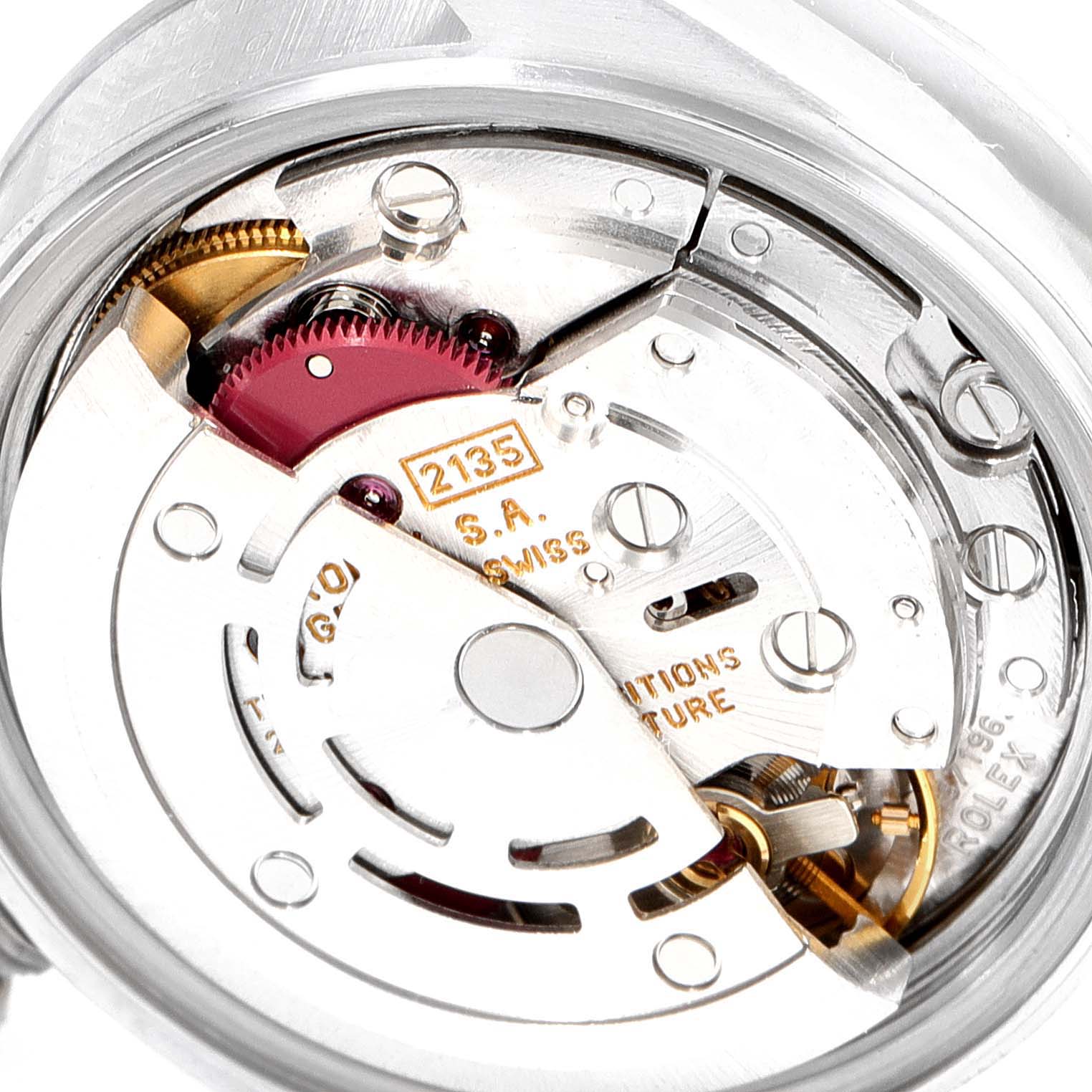 The image shows a close-up of the movement mechanism inside a Rolex Date 69160 Women's Stainless Steel Black Dial 69160 Women's Stainless Steel Black Dial watch model from the back angle.