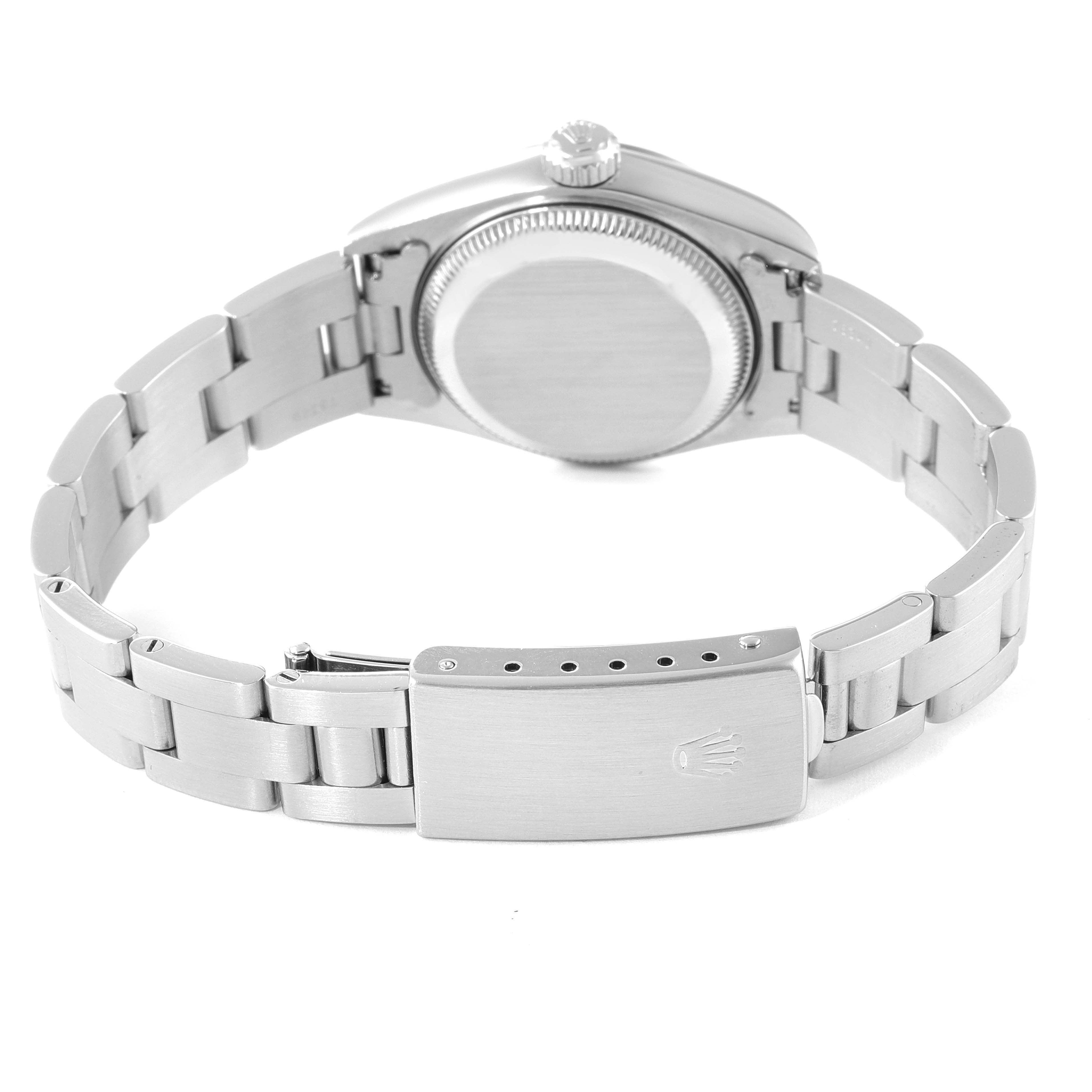 The image shows the back case and bracelet clasp of a Rolex Date 69160 Women's Stainless Steel Black Dial 69160 Women's Stainless Steel Black Dial model watch.