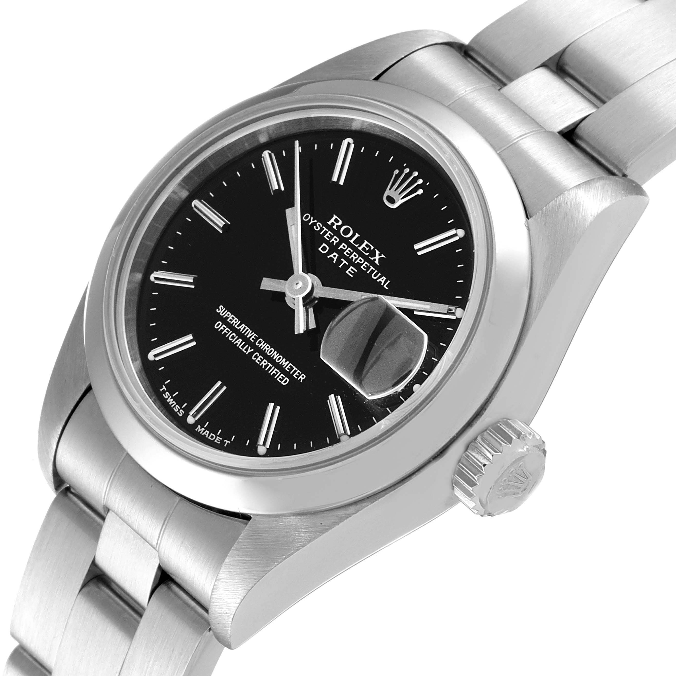 The image shows a Rolex Date 69160 Women's Stainless Steel Black Dial 69160 Women's Stainless Steel Black Dial model watch from a three-quarter angle, highlighting the black dial, bezel, crown, and bracelet.