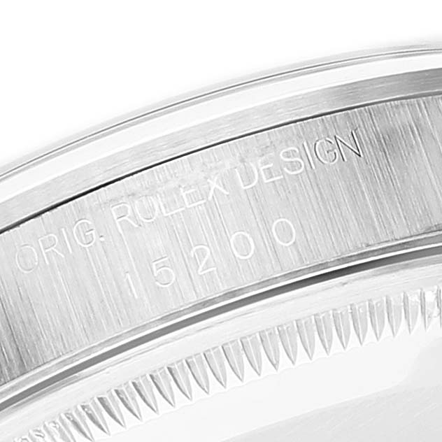 This image shows a close-up of the inner rim and edge of the bezel of a Rolex Date 15200 Men's Stainless Steel Blue Dial 15200 Men's Stainless Steel Blue Dial model watch, featuring the serial number "15200."