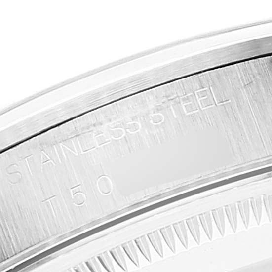 This close-up image shows the edge and engraved text on the stainless steel case back of the Rolex Date 15200 Men's Stainless Steel Blue Dial 15200 Men's Stainless Steel Blue Dial model watch.