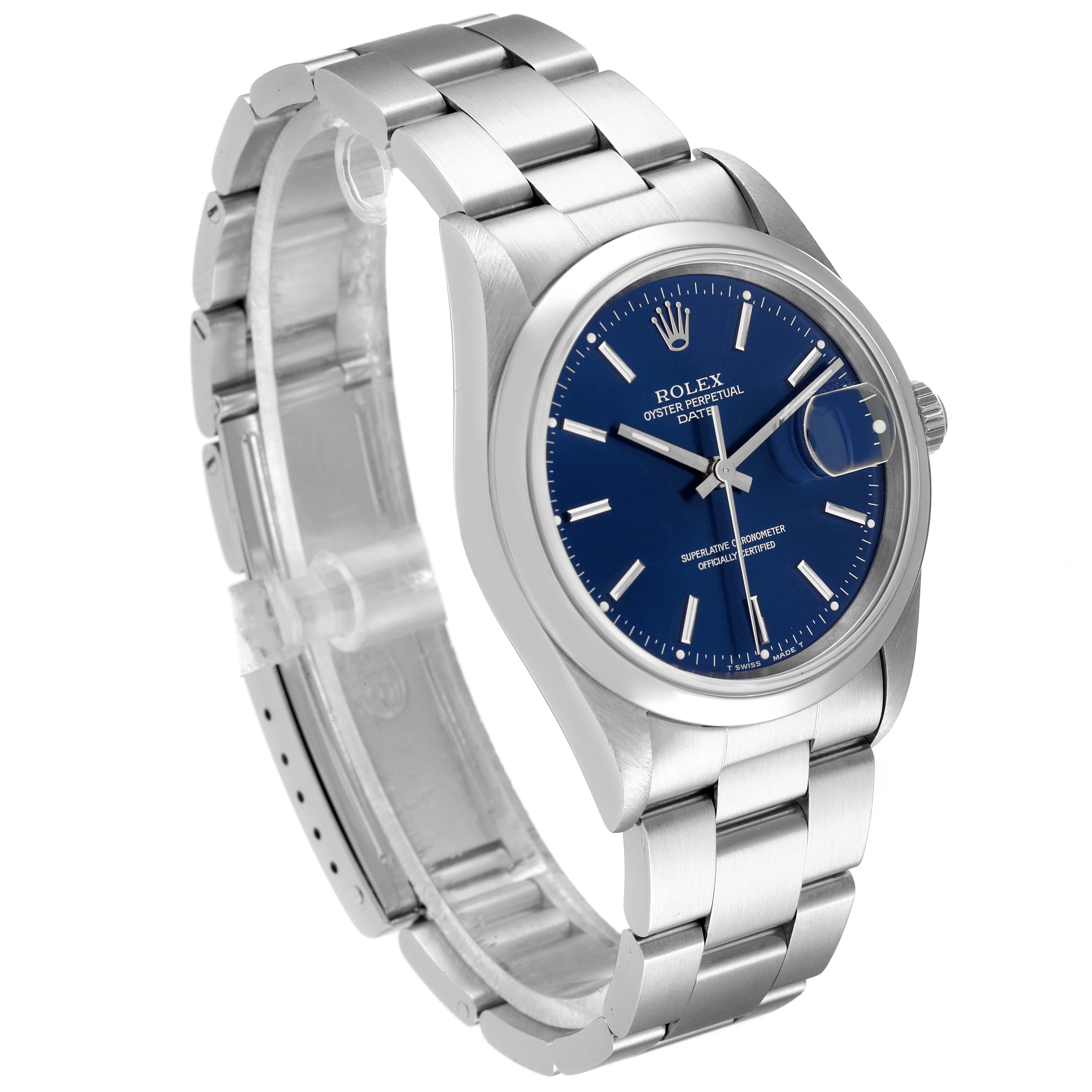 The image shows a side angle of the Rolex Date 15200 Men's Stainless Steel Blue Dial 15200 Men's Stainless Steel Blue Dial model, displaying the watch face, stainless steel bracelet, and crown.