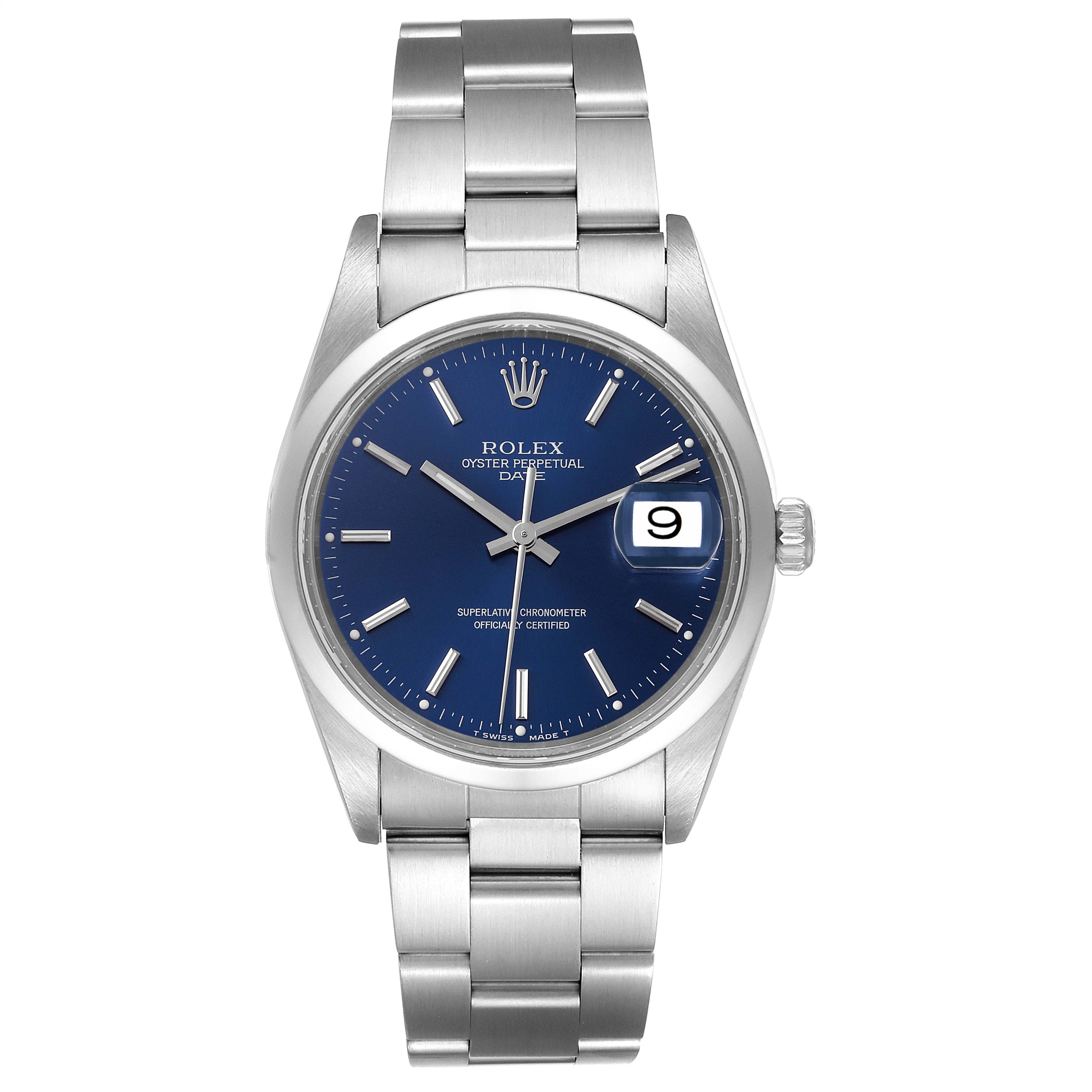 This image shows a front view of a Rolex Oyster Perpetual Date watch, displaying its blue dial and stainless steel bracelet.