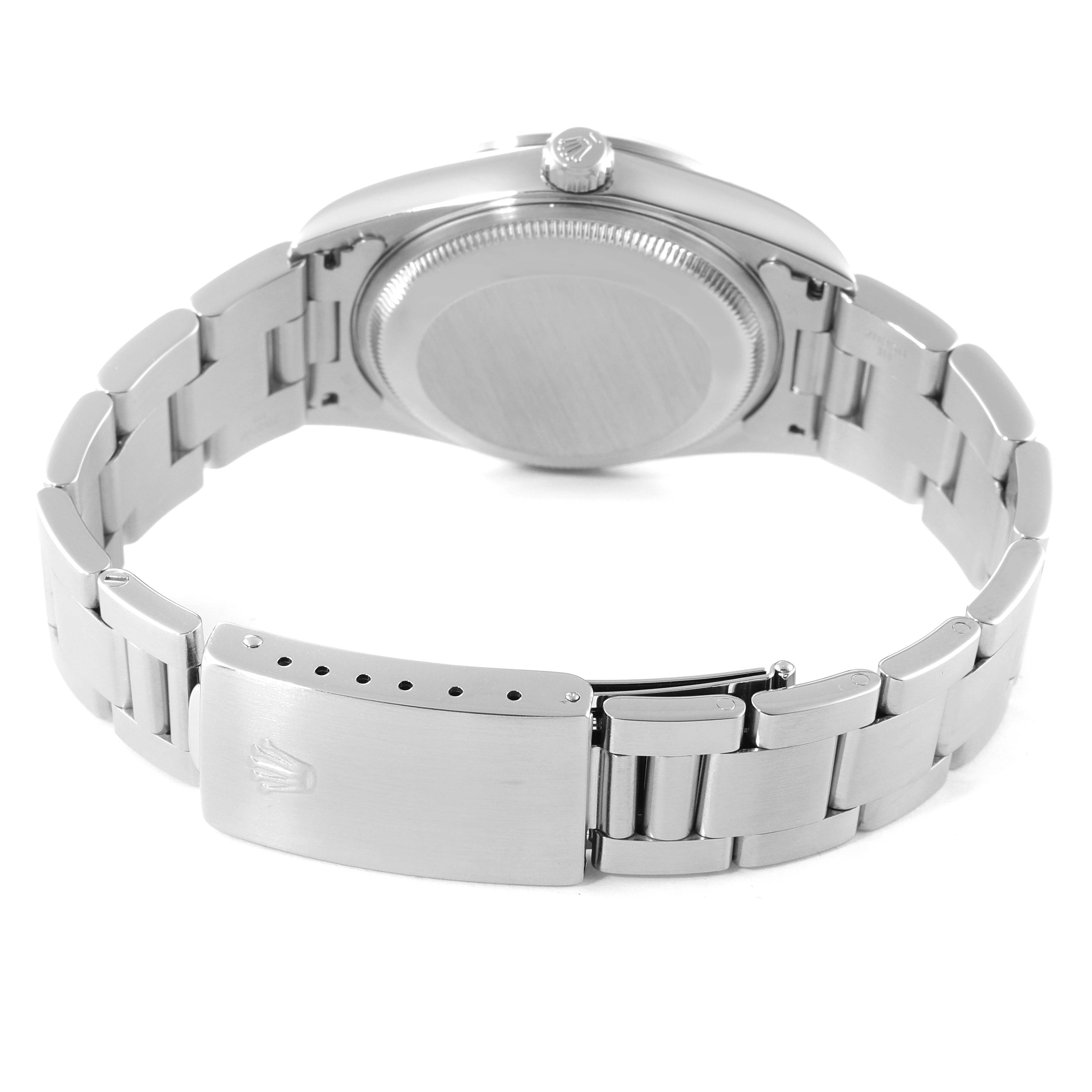 The image shows the back of a Rolex Date 15200 Men's Stainless Steel Silver Dial 15200 Men's Stainless Steel Silver Dial model watch, highlighting its clasp, case back, and bracelet links from a rear angle.