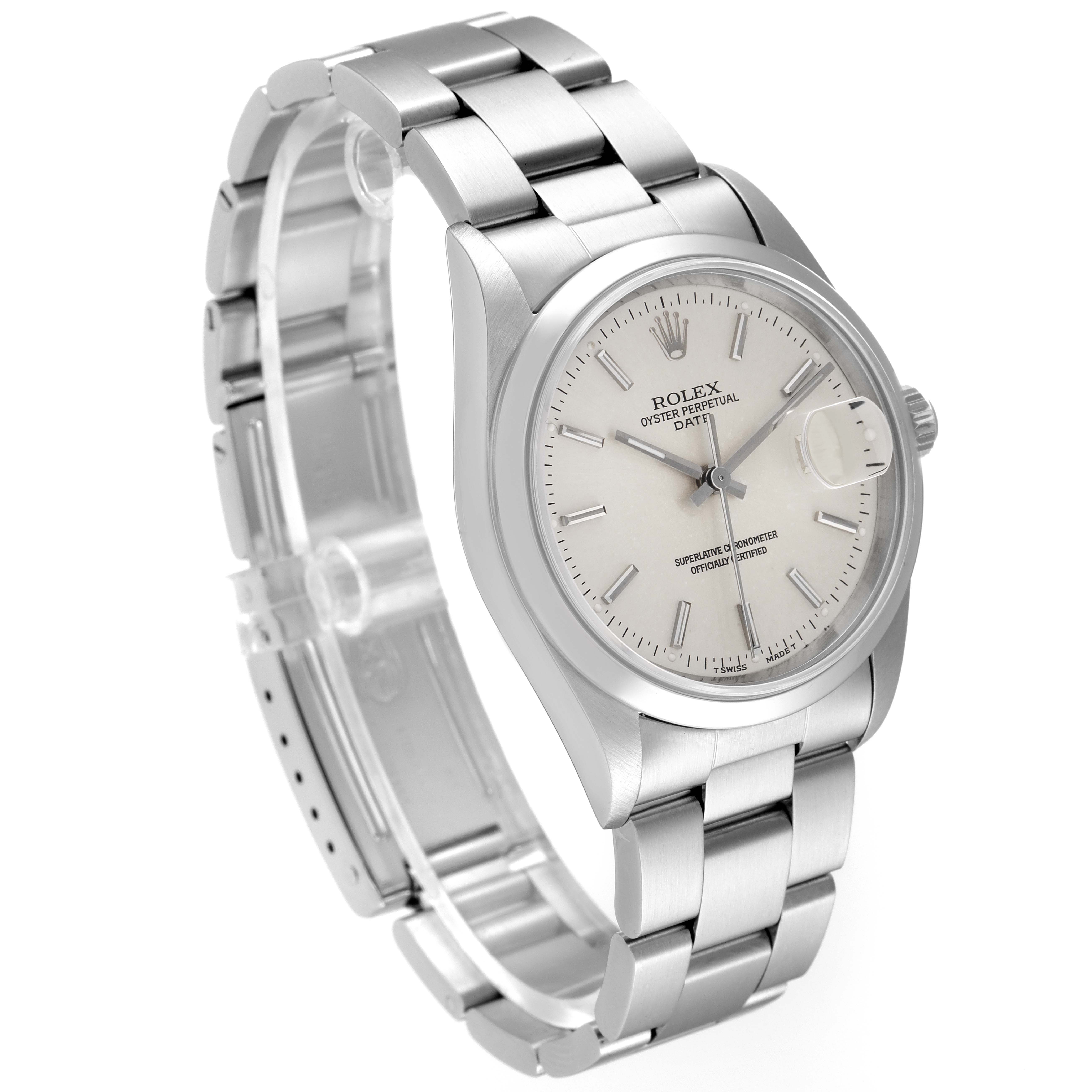 This image shows a Rolex Date 15200 Men's Stainless Steel Silver Dial 15200 Men's Stainless Steel Silver Dial watch angled to display the dial, bracelet, and clasp.