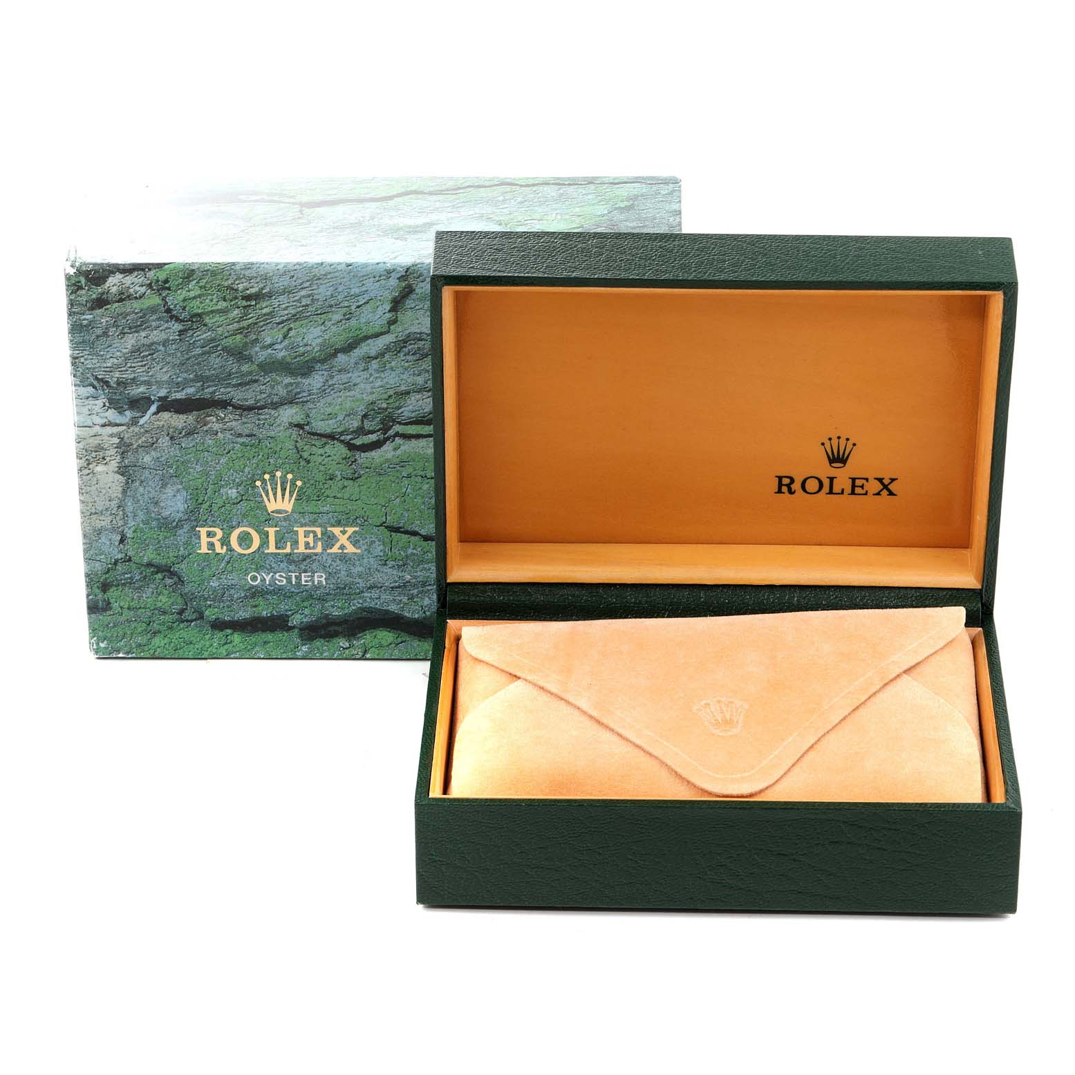 The image shows the packaging for a Rolex Date 15200 Men's Stainless Steel Silver Dial 15200 Men's Stainless Steel Silver Dial model, including the green outer box, the open wooden display box, and a suede pouch inside.