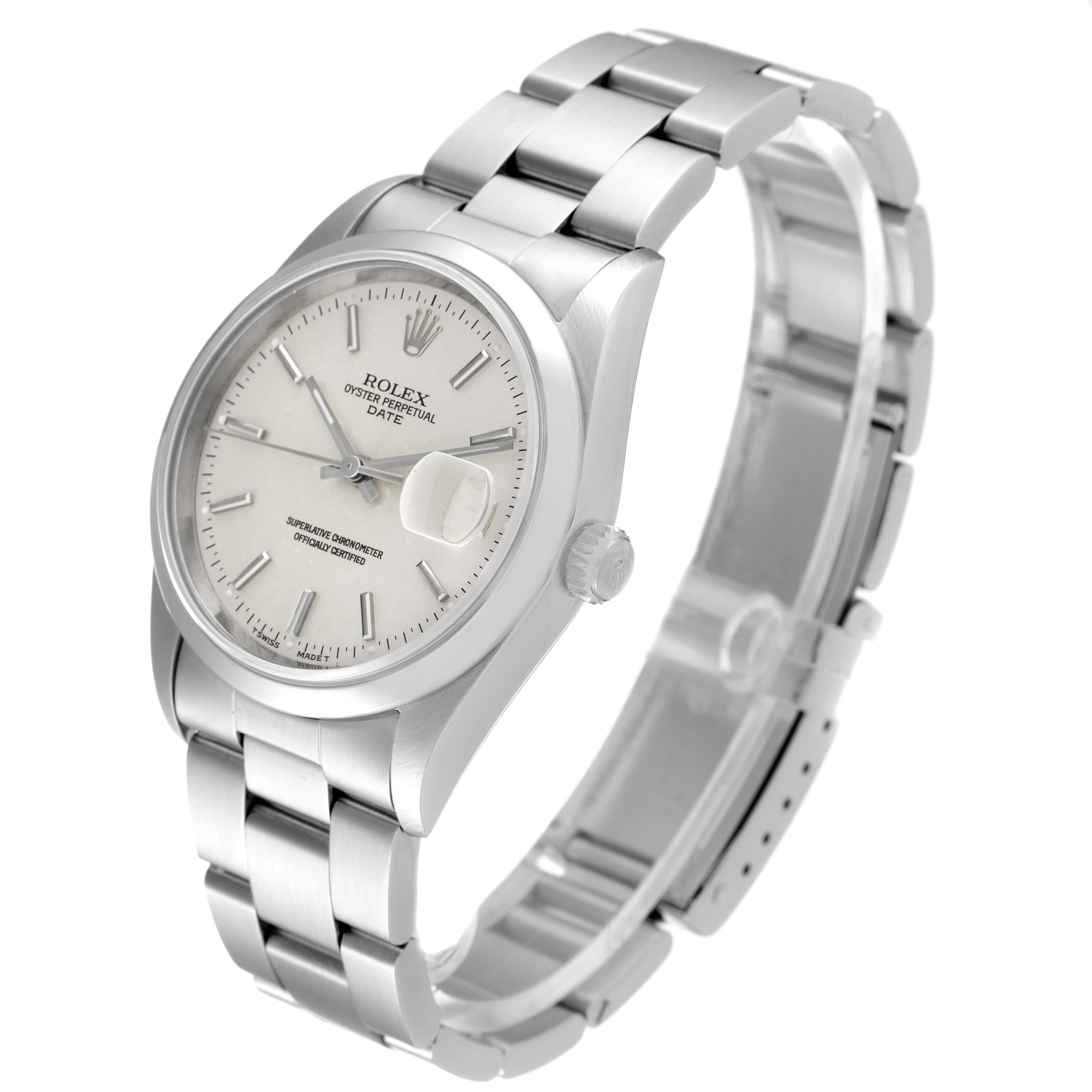 The image shows a Rolex Date 15200 Men's Stainless Steel Silver Dial 15200 Men's Stainless Steel Silver Dial model watch at a three-quarter angle, highlighting the dial, bezel, bracelet, and crown.