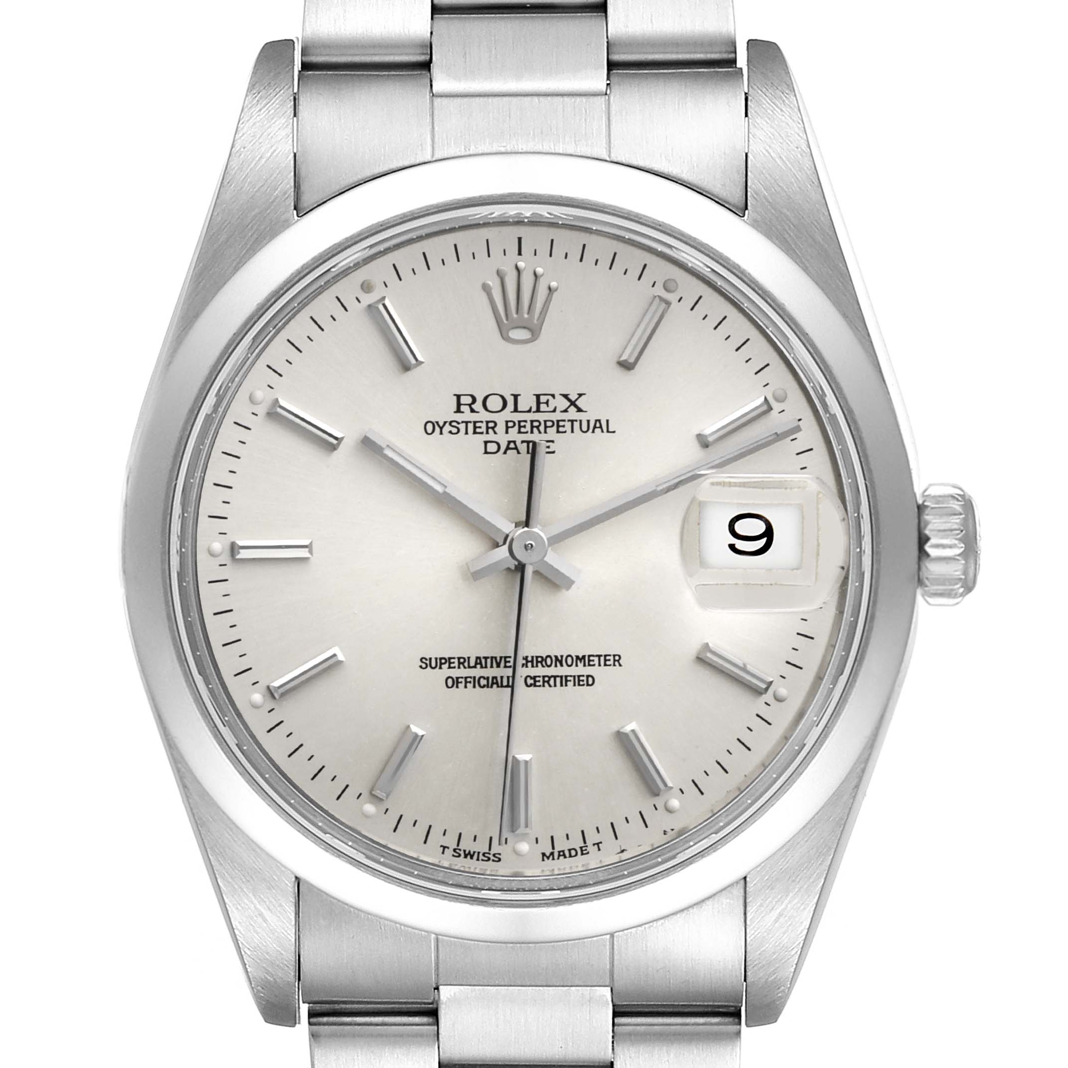 The image shows a front view of a Rolex Oyster Perpetual Date watch, displaying the dial, hands, date window, and part of the bracelet.