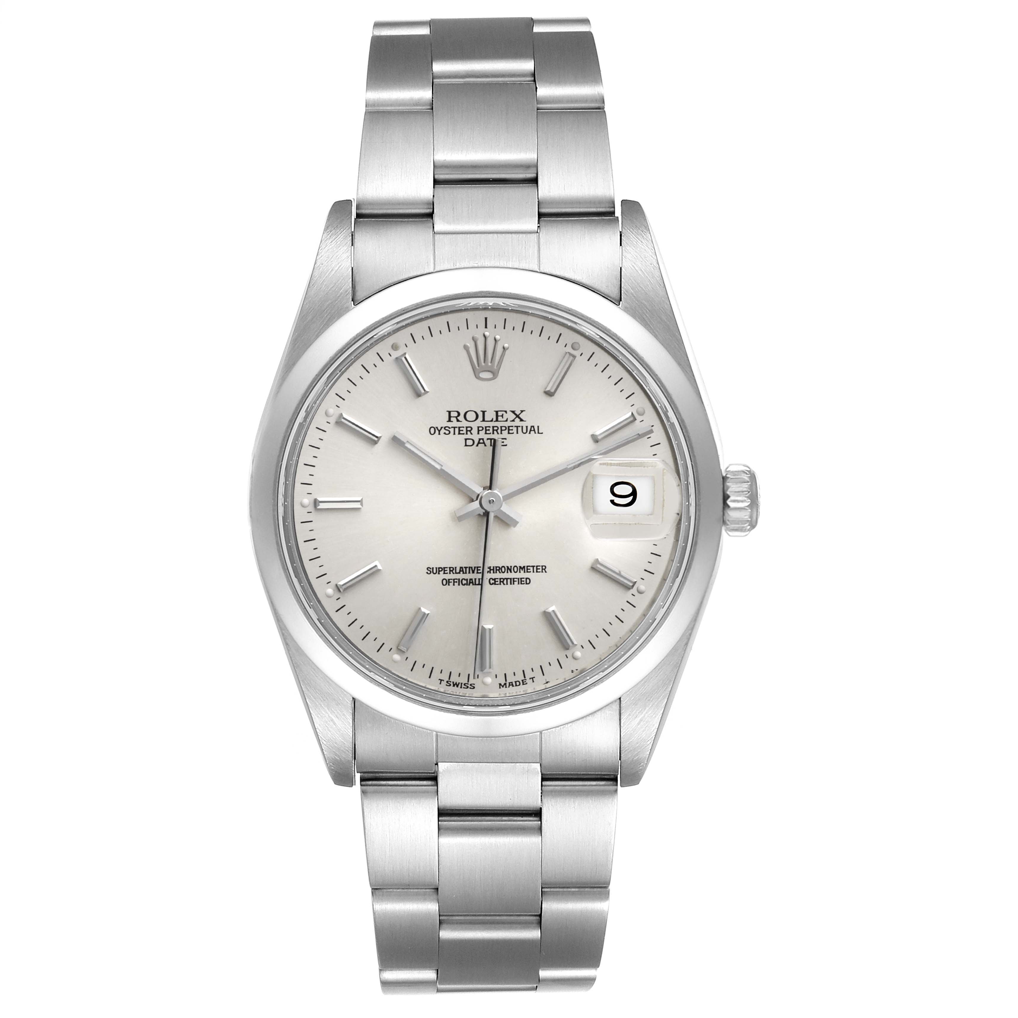 This Rolex Date 15200 Men's Stainless Steel Silver Dial 15200 Men's Stainless Steel Silver Dial model watch is shown from the front, displaying its dial, hands, date window, crown, and stainless steel bracelet.