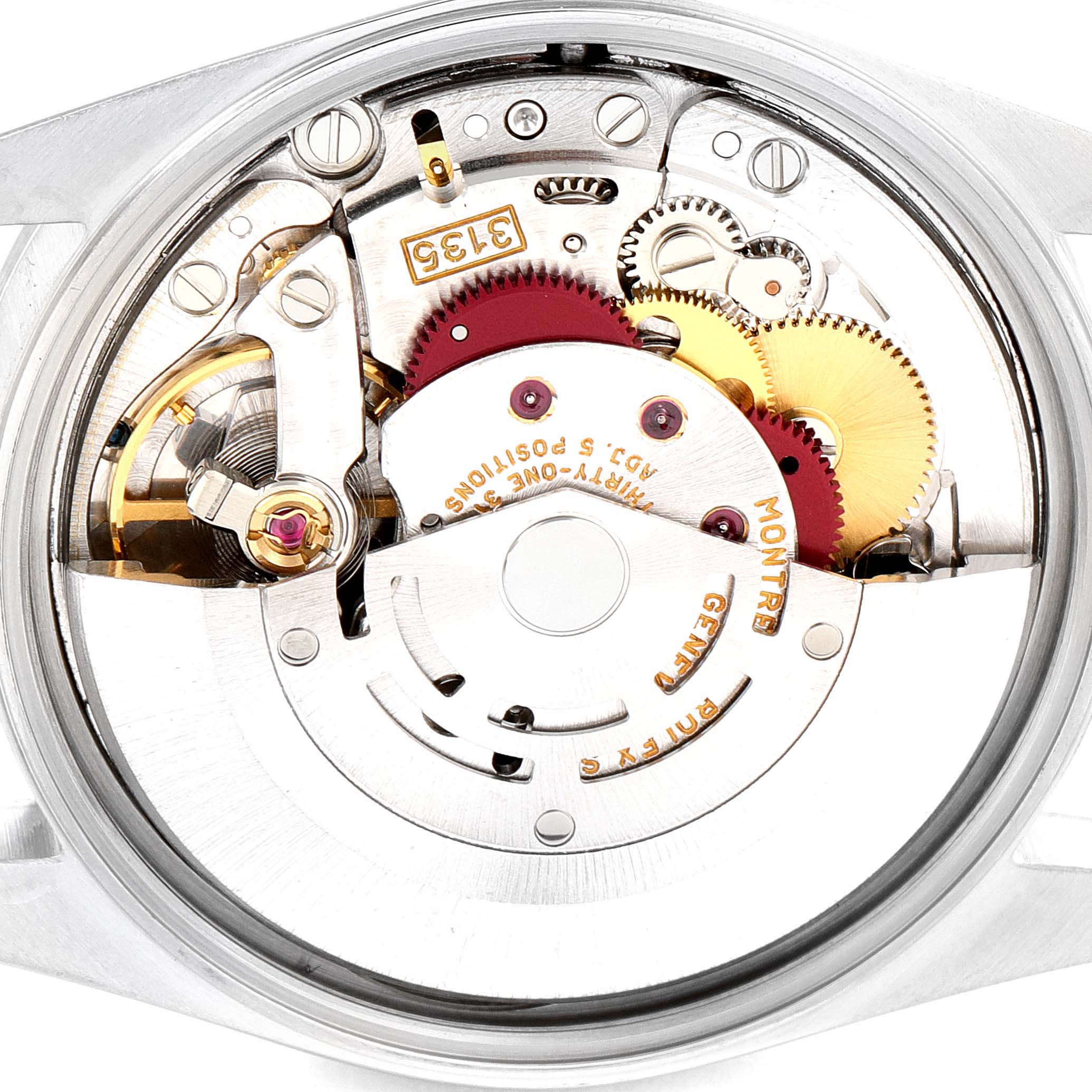 This image shows the internal mechanism of the Rolex Date 15200 Men's Stainless Steel Silver Dial 15200 Men's Stainless Steel Silver Dial model watch from a top-down view, highlighting the gears and components.