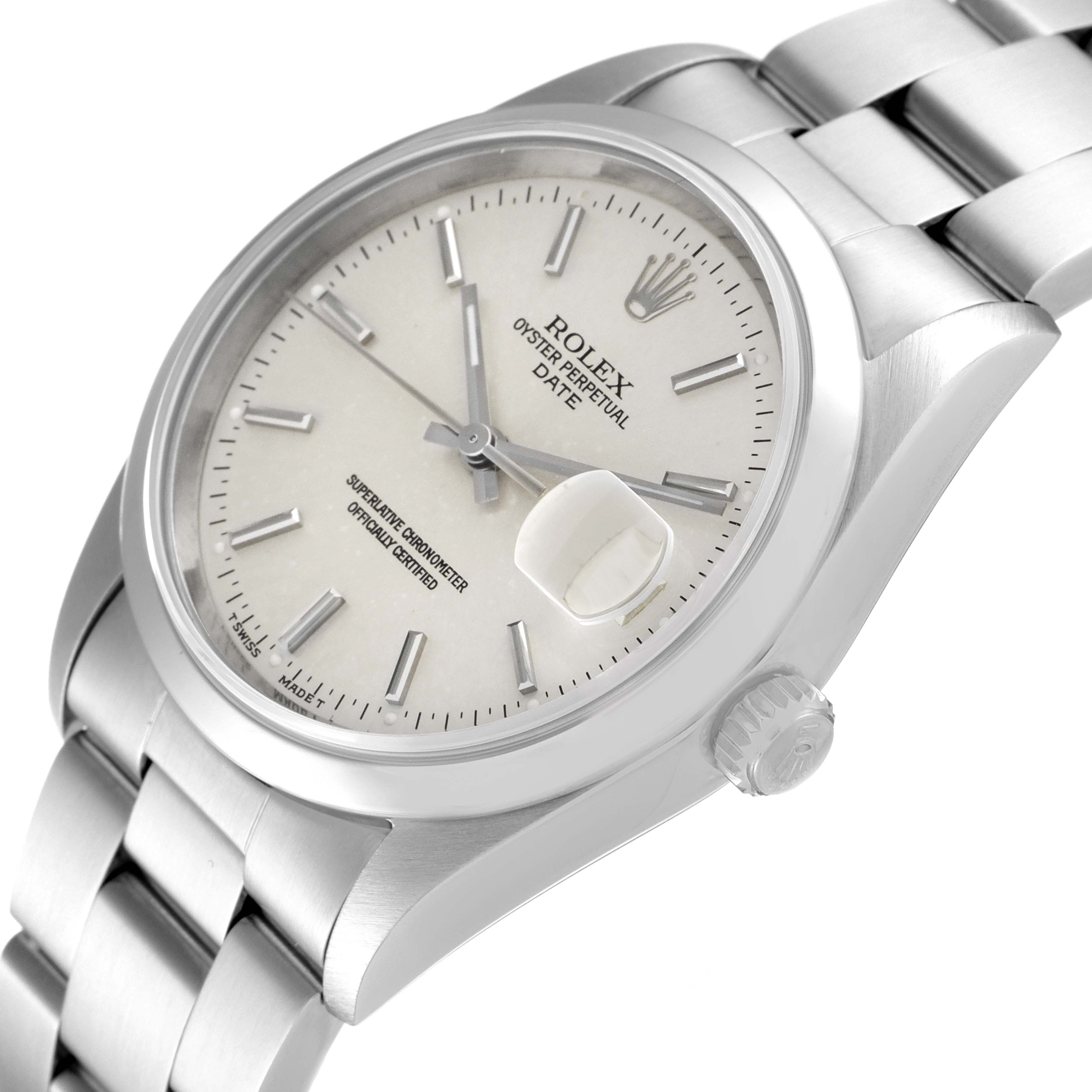 The image shows a Rolex Date 15200 Men's Stainless Steel Silver Dial 15200 Men's Stainless Steel Silver Dial model watch at a slight angle, focusing on the dial, bezel, bracelet, and crown.