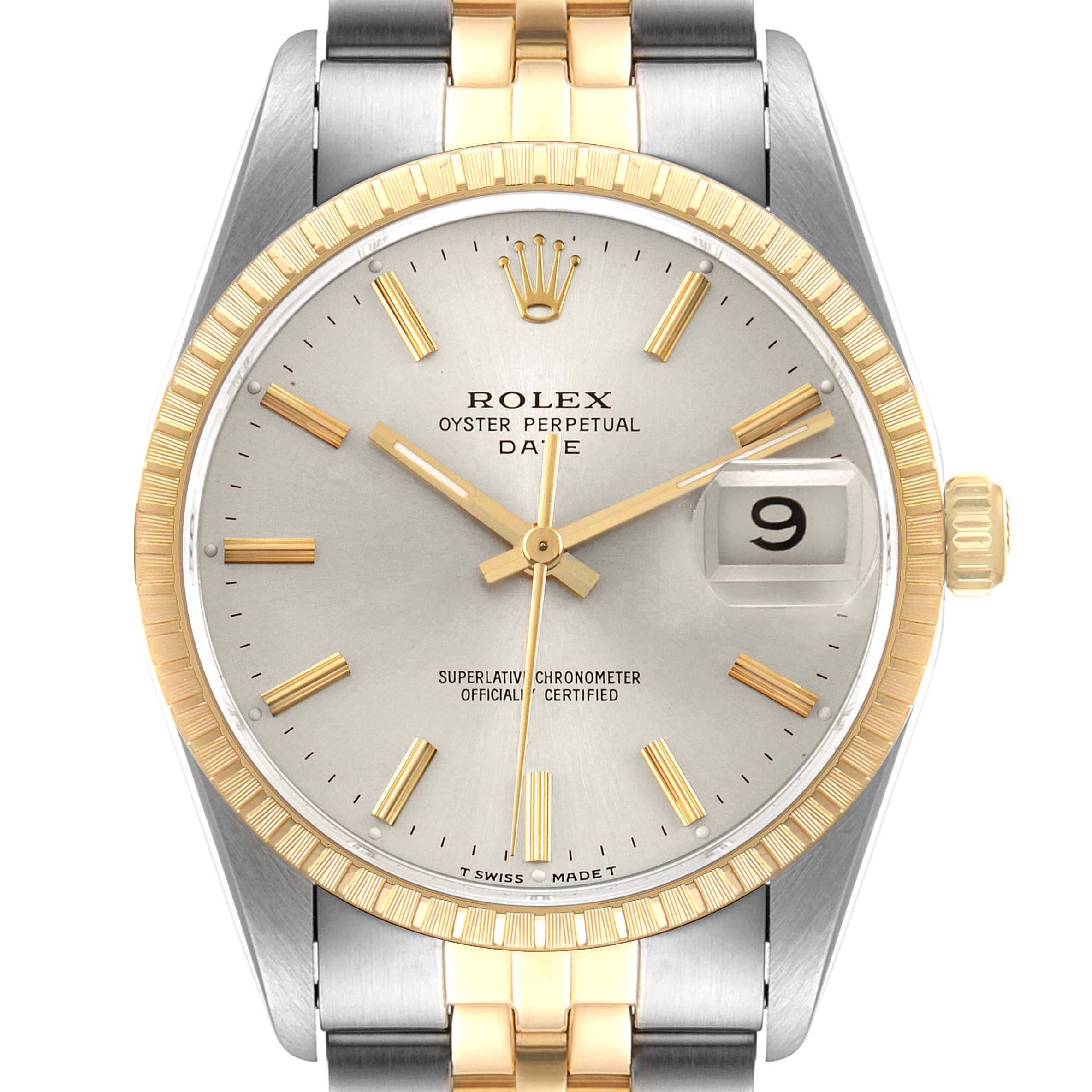 The image shows a front angle of a Rolex Date 15223 Men's Steel and Gold (two tone) Silver Dial 15223 Men's Steel and Gold (two tone) Silver Dial model watch featuring a bi-metal strap, gold fluted bezel, and silver dial with date window.