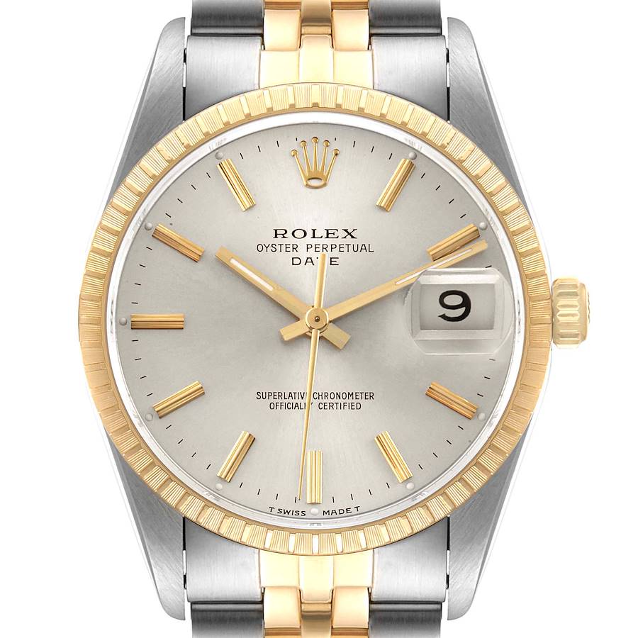 Rolex Date Steel 18k Yellow Gold Silver Dial Mens Watch 15223 Box Papers SwissWatchExpo