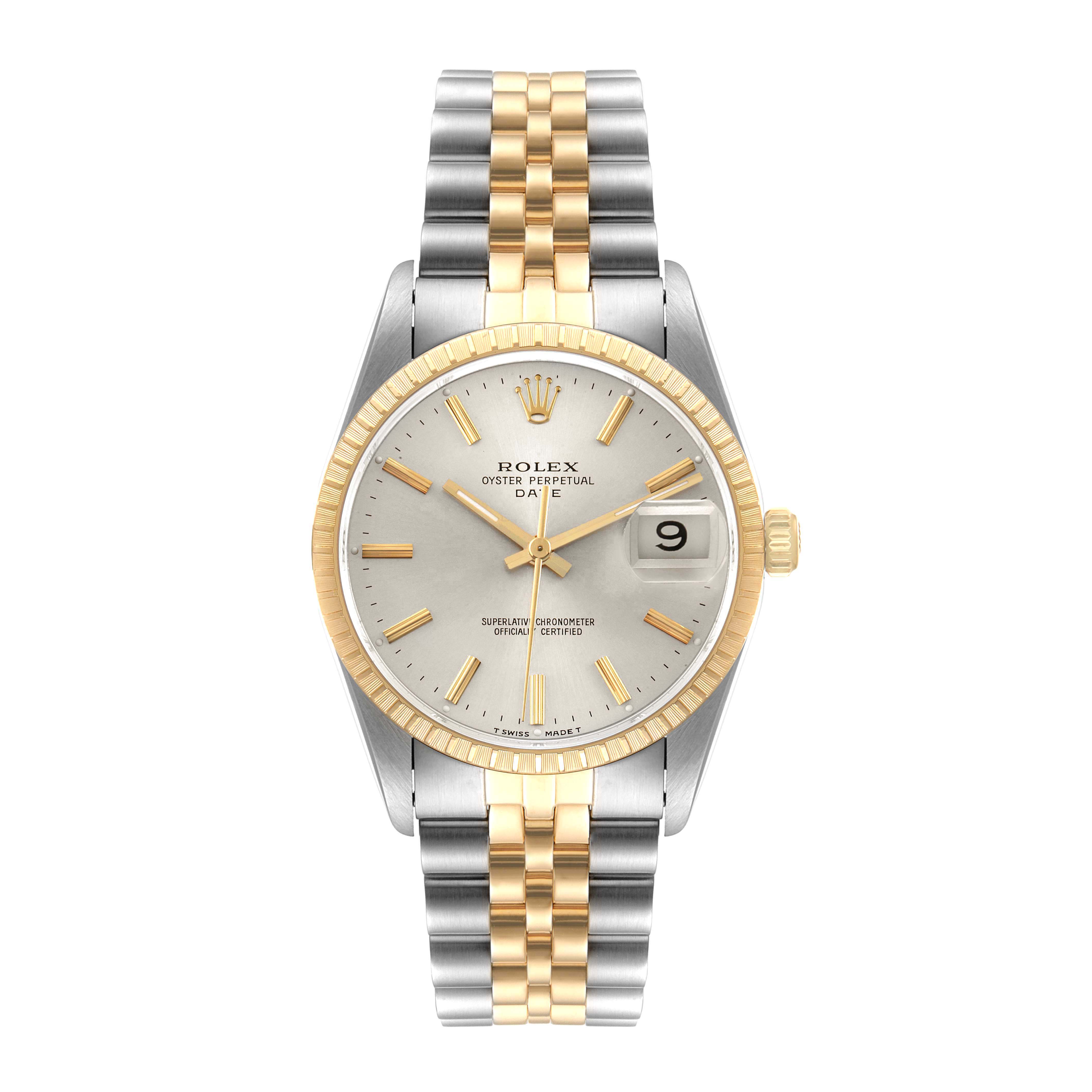 This is a front view of the Rolex Date 15223 Men's Steel and Gold (two tone) Silver Dial 15223 Men's Steel and Gold (two tone) Silver Dial model, showing the face, bezel, and bracelet.