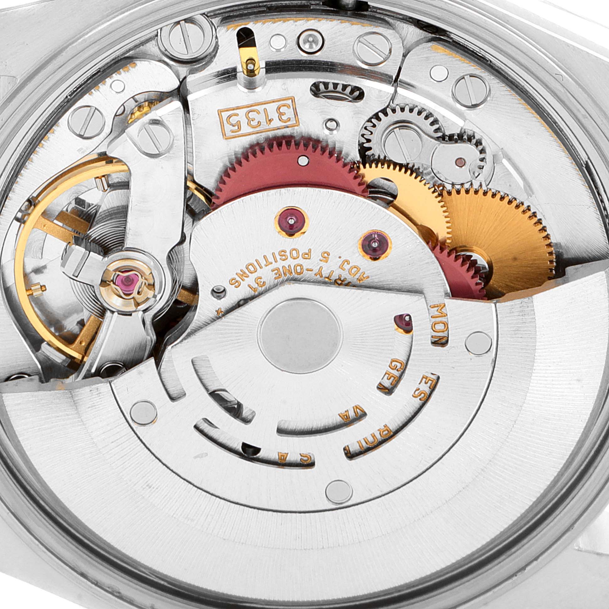 This image shows a close-up view of the internal movement mechanism of a Rolex Date 15223 Men's Steel and Gold (two tone) Silver Dial 15223 Men's Steel and Gold (two tone) Silver Dial model watch.
