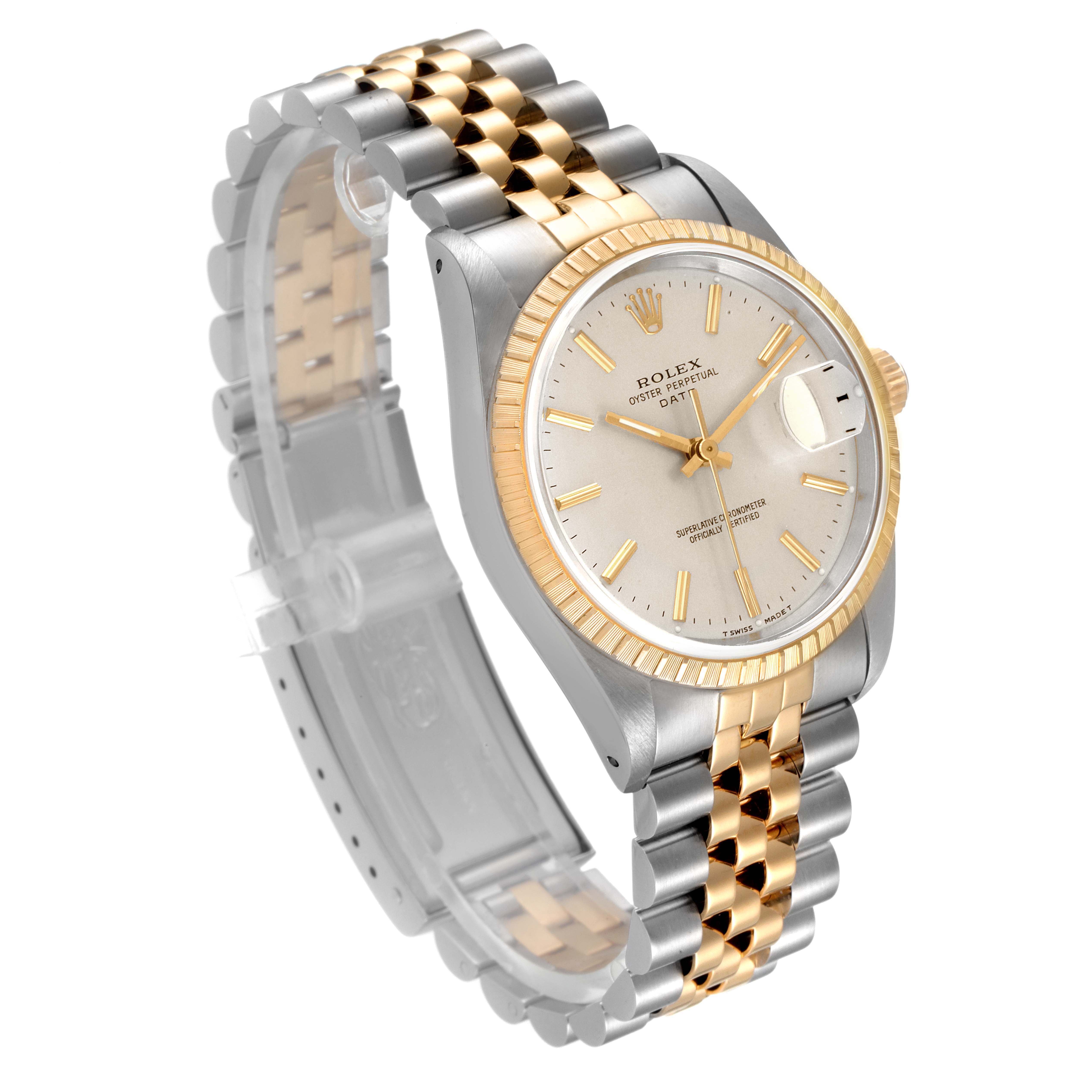 The Rolex Date 15223 Men's Steel and Gold (two tone) Silver Dial 15223 Men's Steel and Gold (two tone) Silver Dial model watch is shown at a three-quarter angle, displaying its face, bezel, case, and two-tone bracelet.
