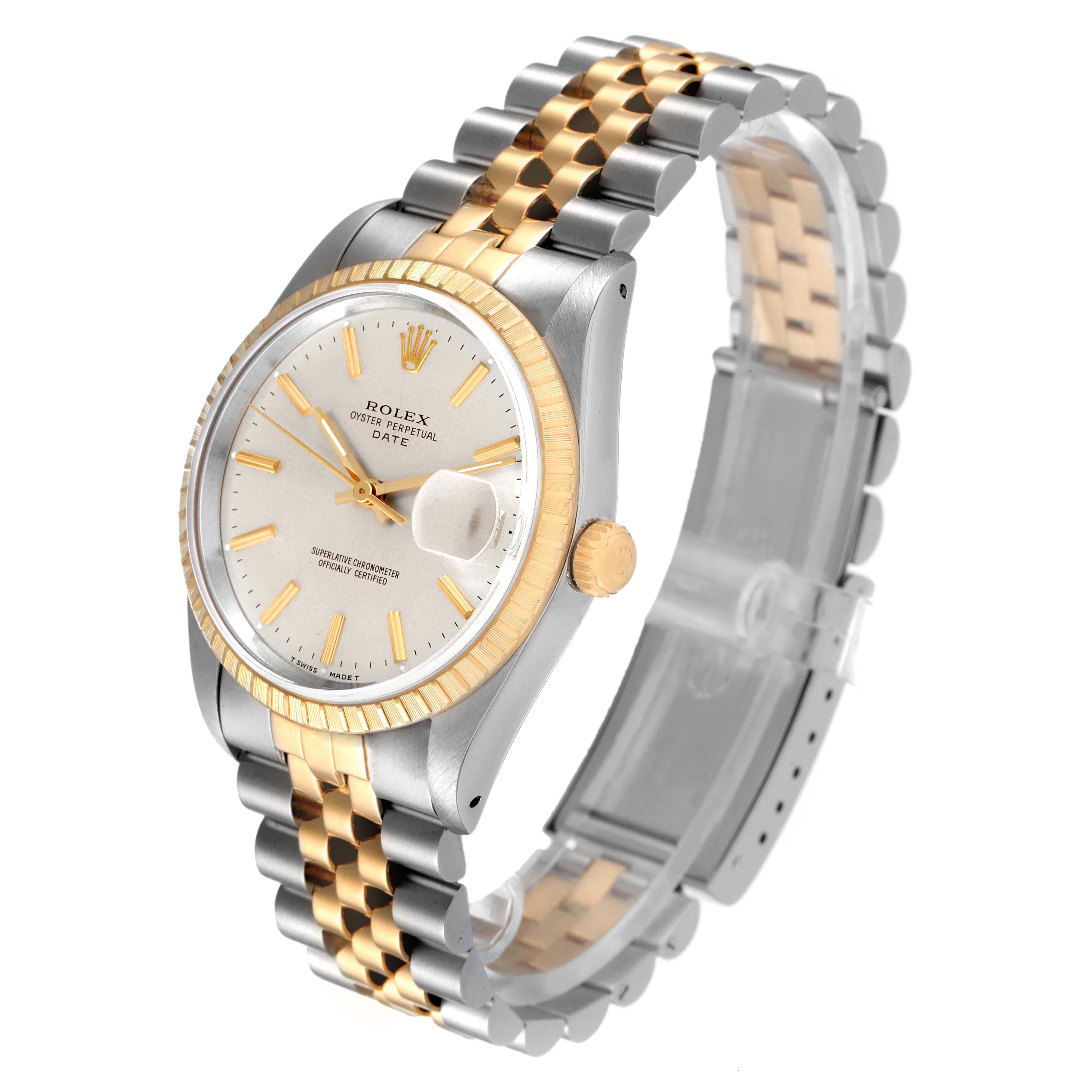 The image shows a Rolex Date 15223 Men's Steel and Gold (two tone) Silver Dial 15223 Men's Steel and Gold (two tone) Silver Dial model watch at a three-quarter angle, highlighting its two-tone bracelet, bezel, and face.