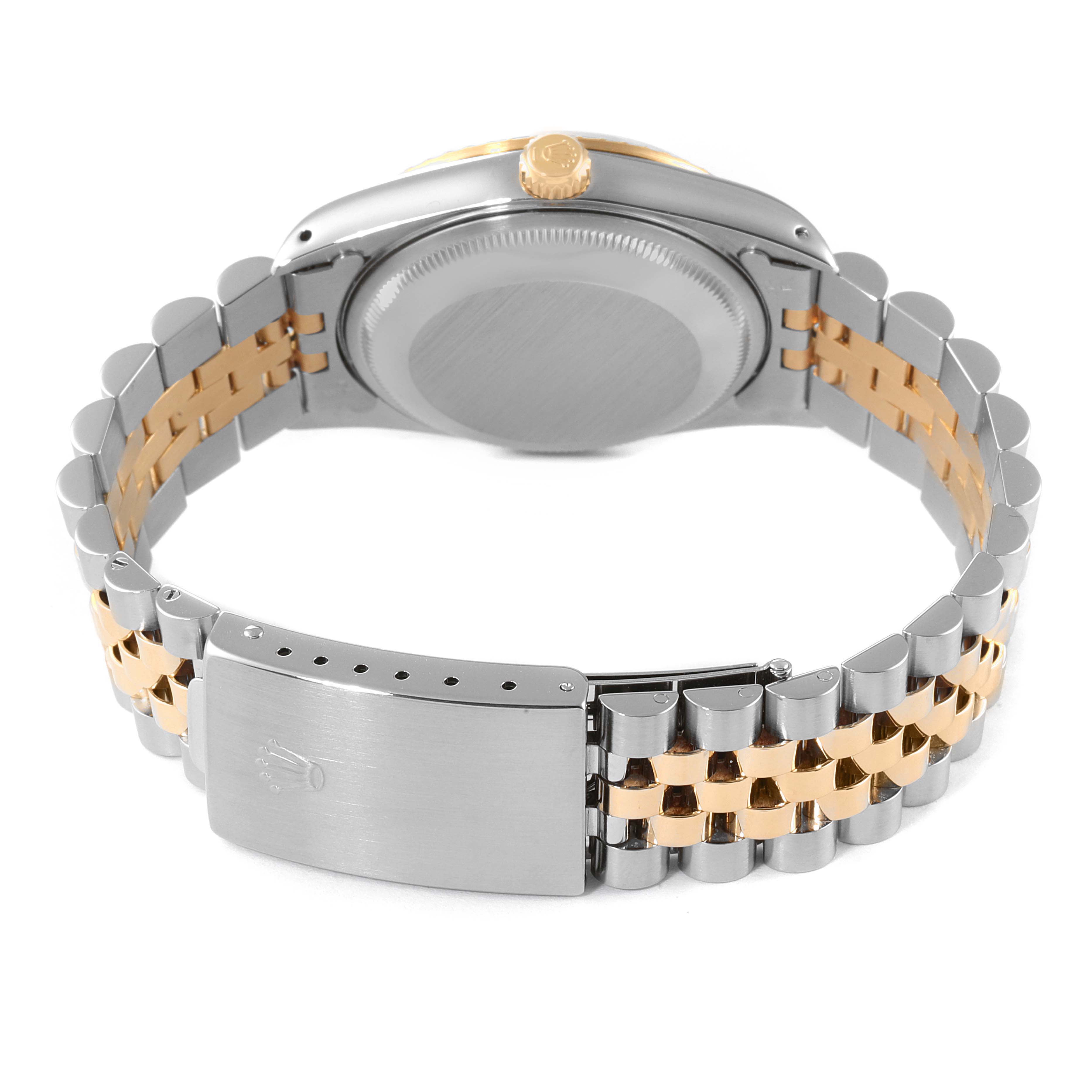 This image shows the back of a Rolex Date 15223 Men's Steel and Gold (two tone) Silver Dial 15223 Men's Steel and Gold (two tone) Silver Dial model watch, highlighting the bracelet, clasp, and case back.