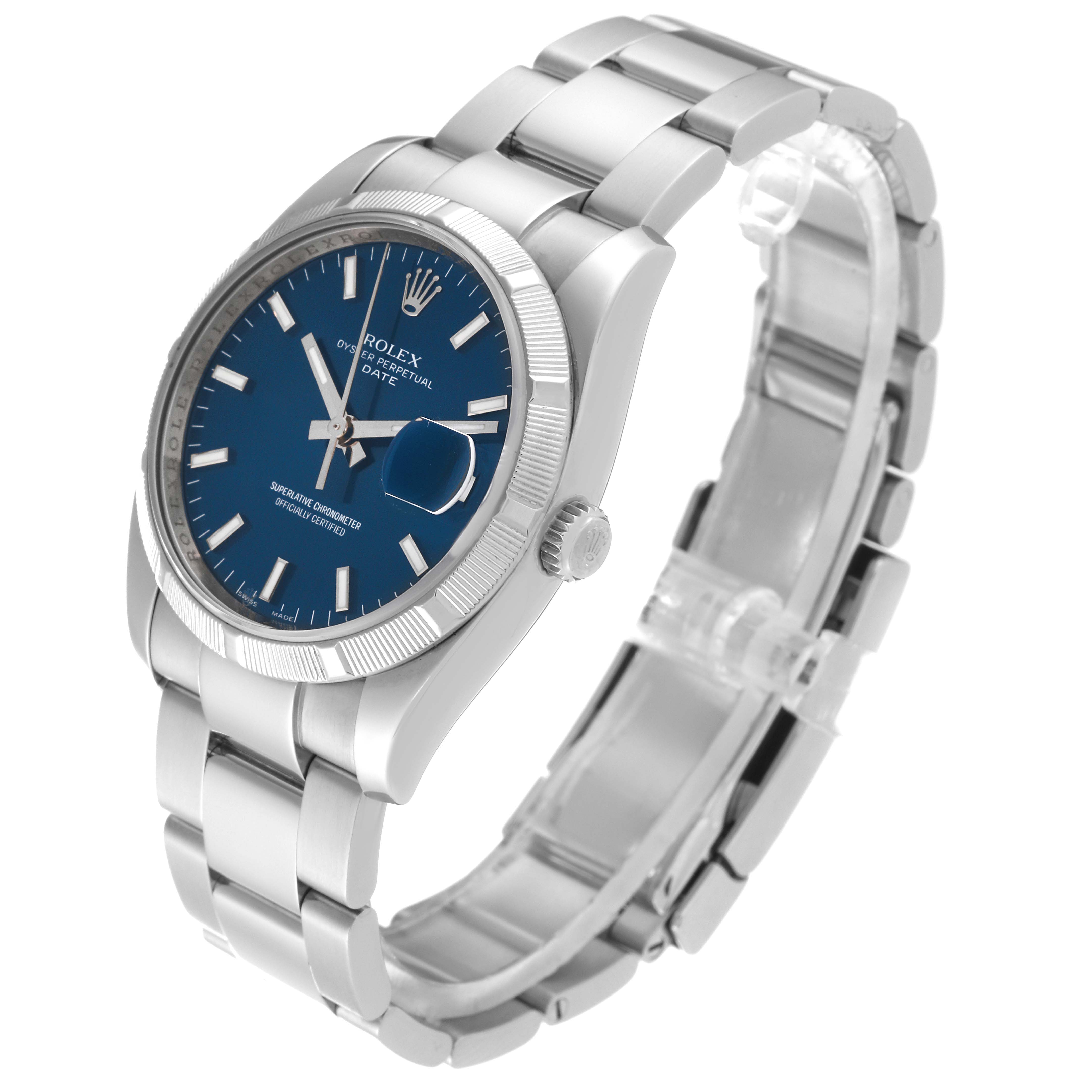 The image displays a Rolex Date 115210 Men's Stainless Steel Blue Dial 115210 Men's Stainless Steel Blue Dial model watch at an angled view, showcasing its blue dial, stainless steel case, and bracelet.