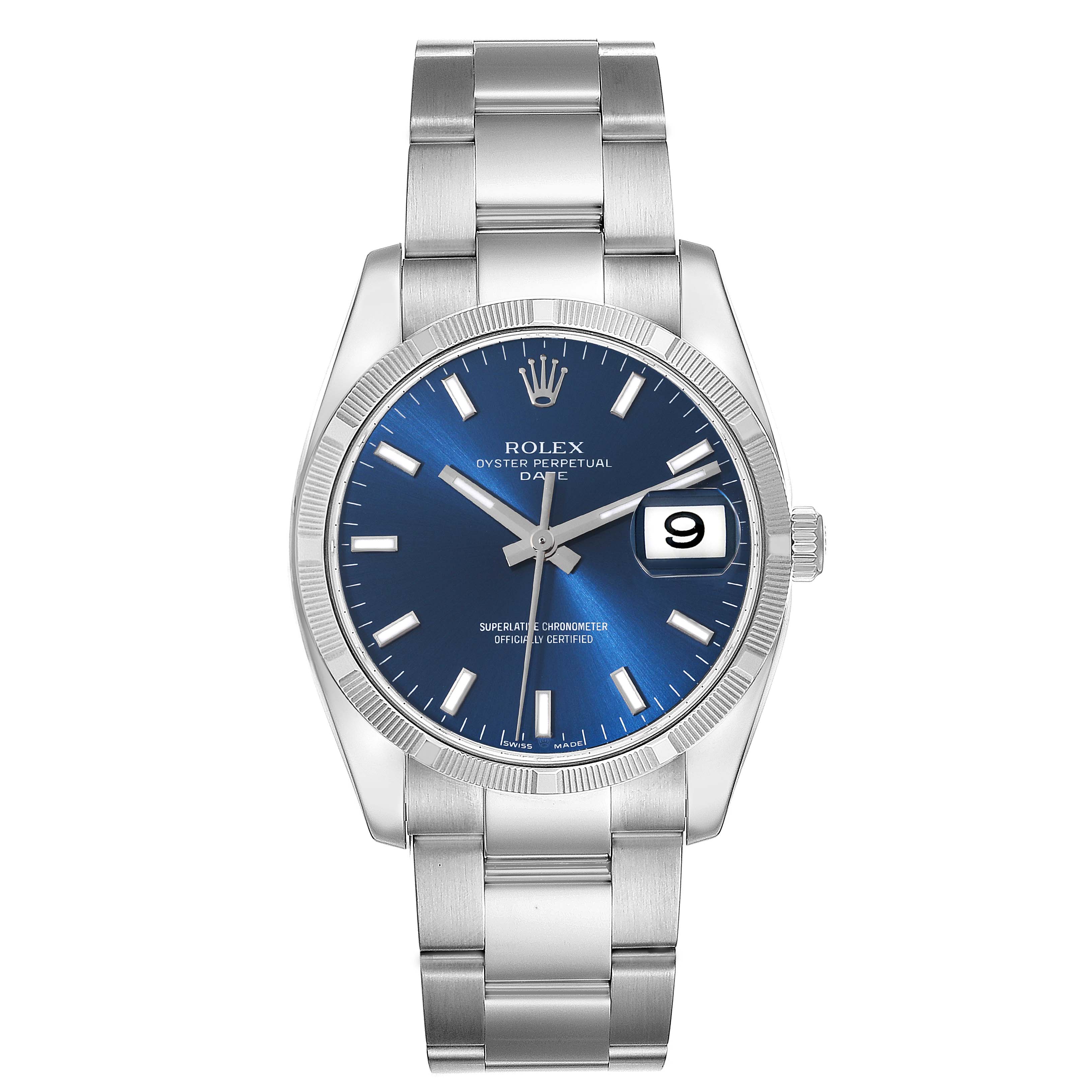 The image shows a frontal view of the Rolex Date 115210 Men's Stainless Steel Blue Dial 115210 Men's Stainless Steel Blue Dial model, showcasing its blue dial, stainless steel case, and bracelet.