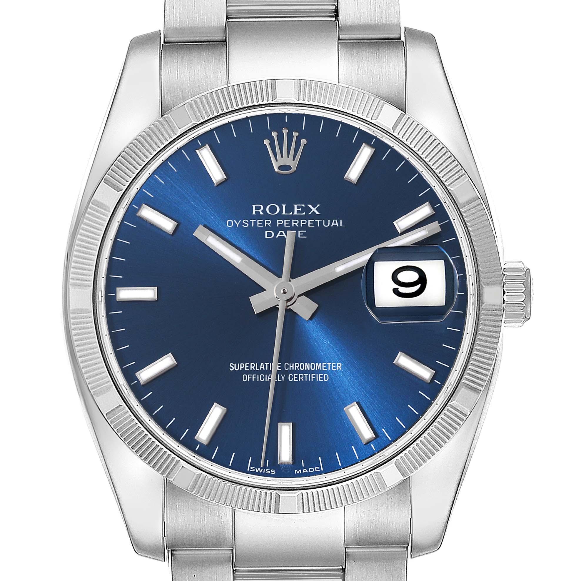 The image shows a front view of a Rolex Oyster Perpetual Date, highlighting its blue dial and date display at 3 o'clock.