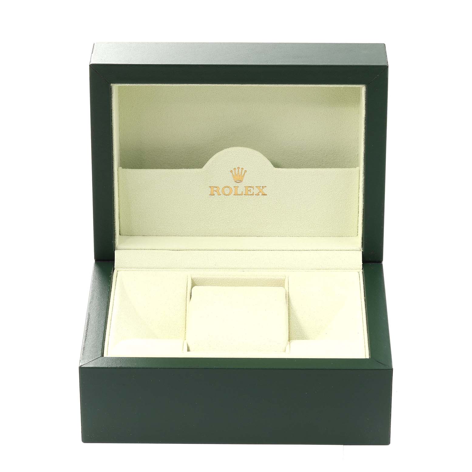 This image shows a green Rolex Date 115210 Men's Stainless Steel Blue Dial 115210 Men's Stainless Steel Blue Dial model watch box viewed from the front, with the interior cushion and compartment.