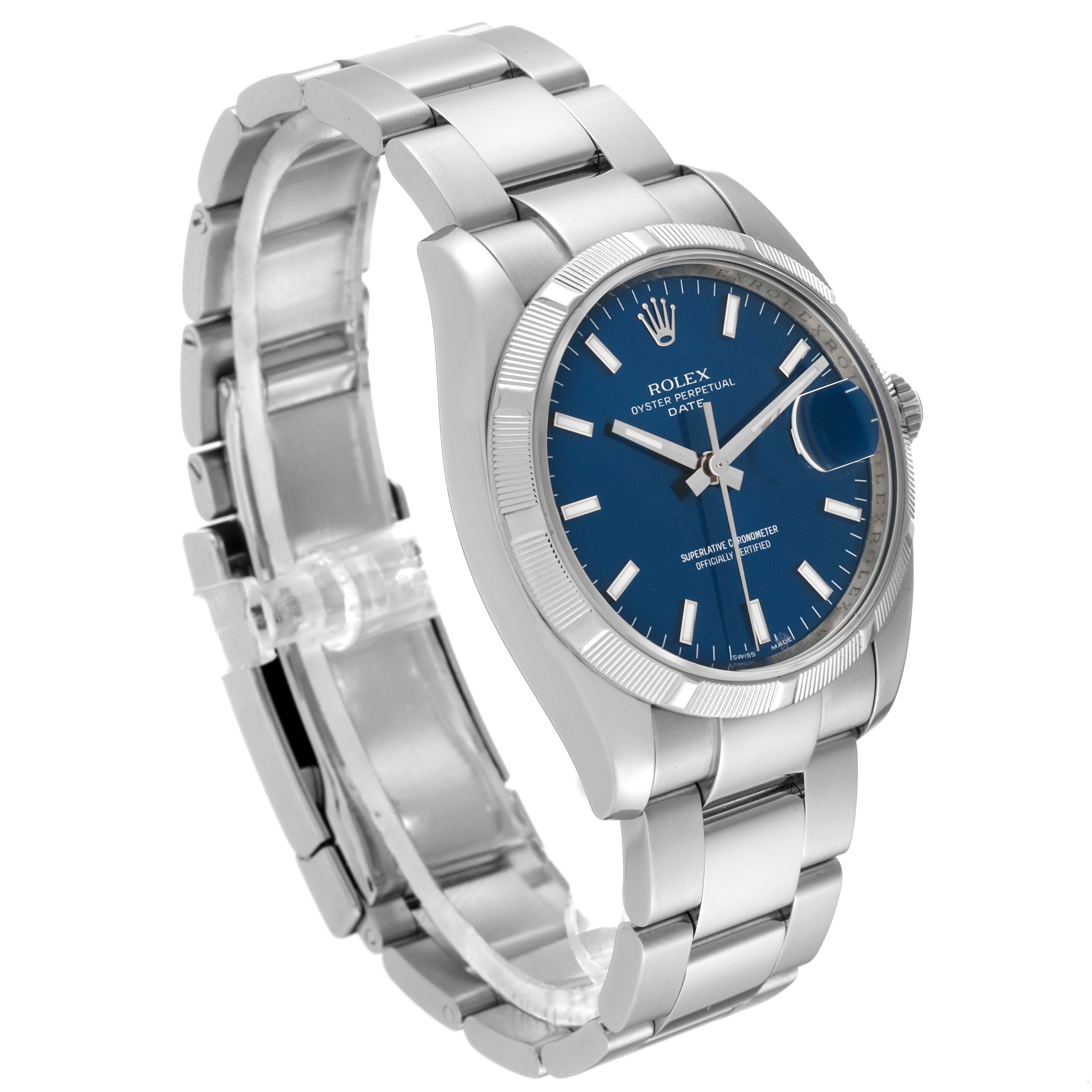 The Rolex Date 115210 Men's Stainless Steel Blue Dial 115210 Men's Stainless Steel Blue Dial model watch is shown at a slight angle, highlighting the blue dial, fluted bezel, and stainless steel bracelet.