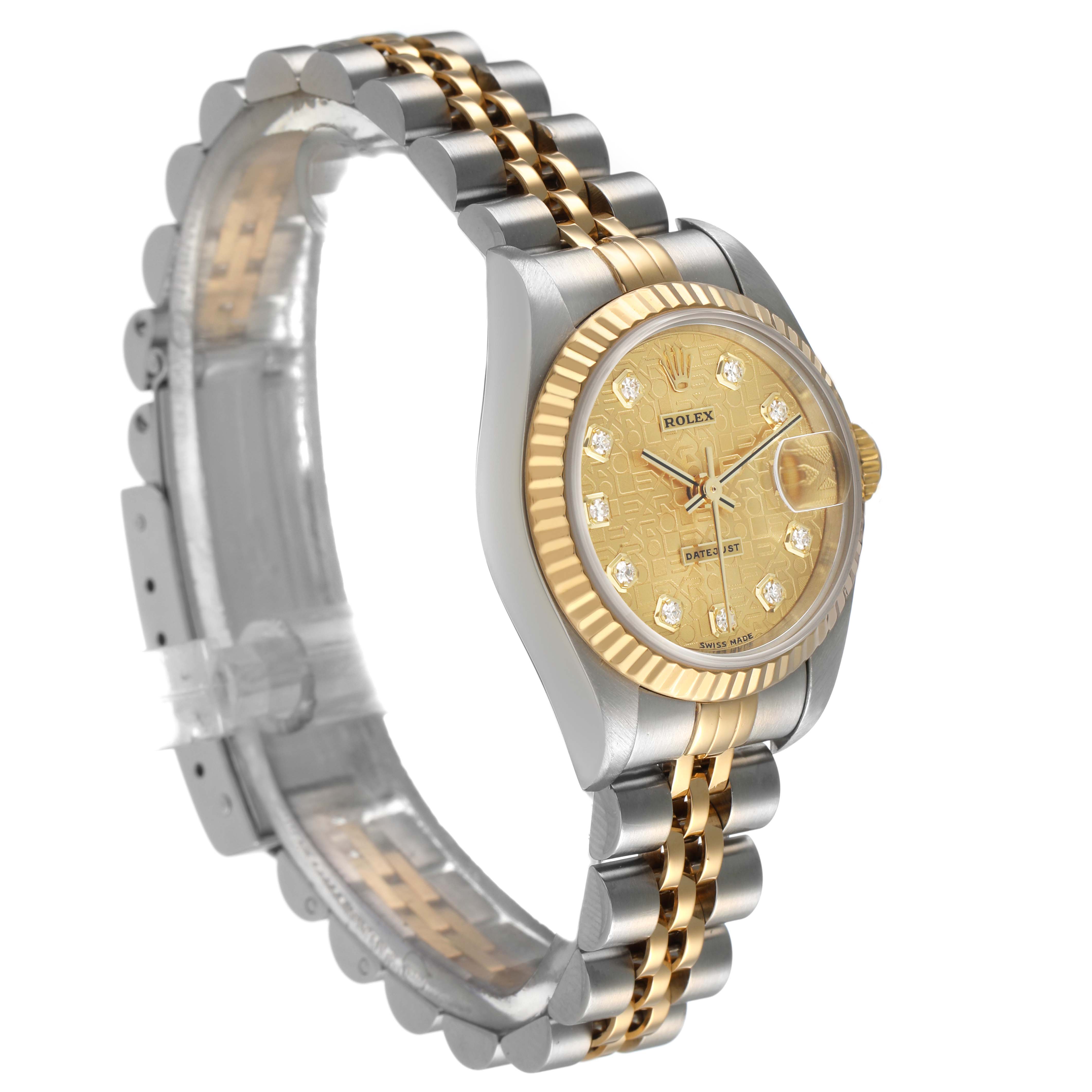 The Rolex Datejust 79173 Women's Steel and Gold (two tone) Champagne Dial watch is shown at a side angle, highlighting the band, bezel, and dial.