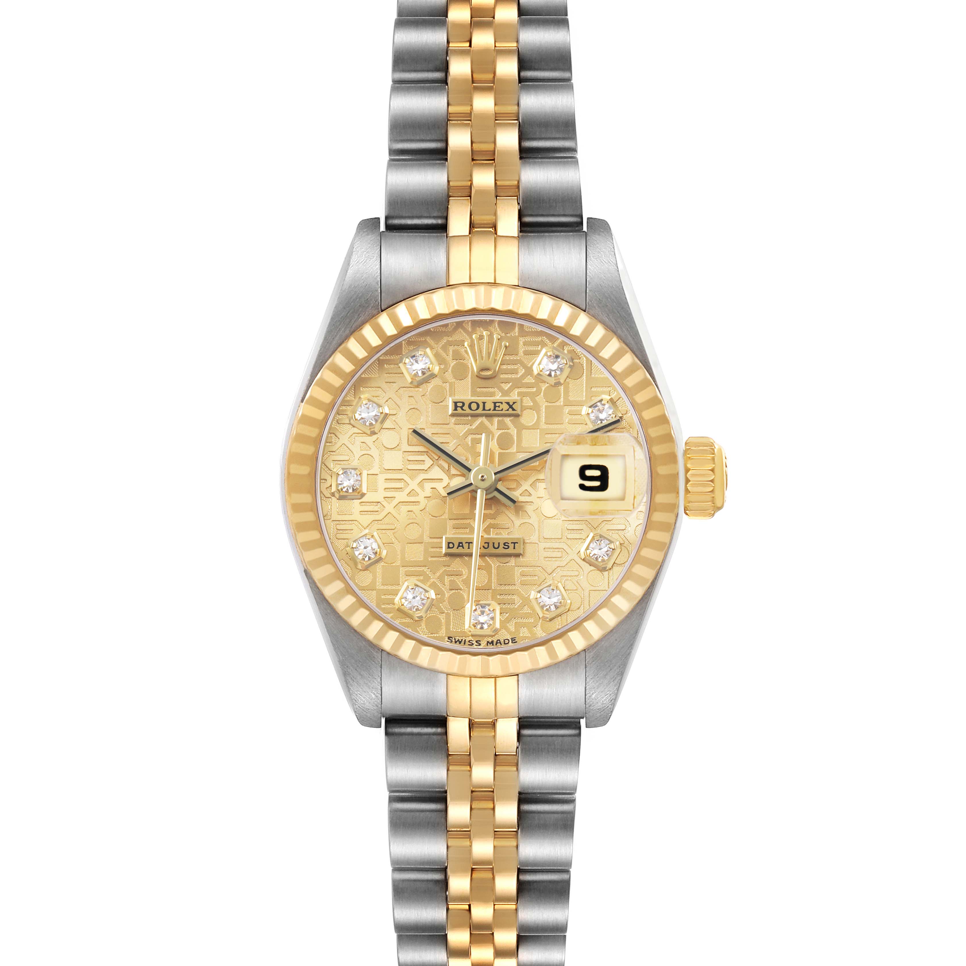 The Rolex Datejust 79173 Women's Steel and Gold (two tone) Champagne Dial watch is shown from a top-down angle, featuring the dial, case, bezel, and bracelet.