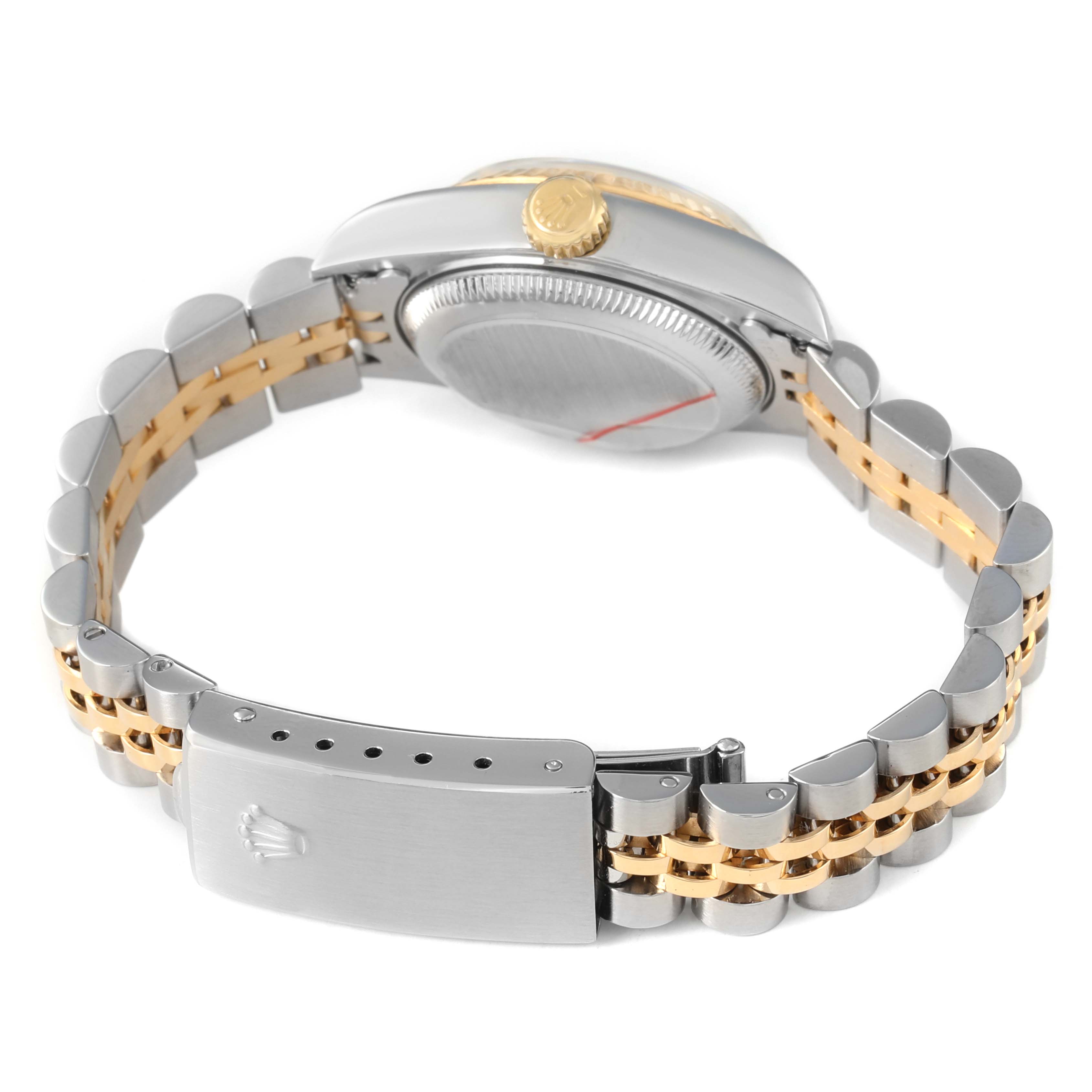 The image shows the back and side of a Rolex Datejust 79173 Women's Steel and Gold (two tone) Champagne Dial, highlighting its case, crown, and two-tone bracelet with clasp.