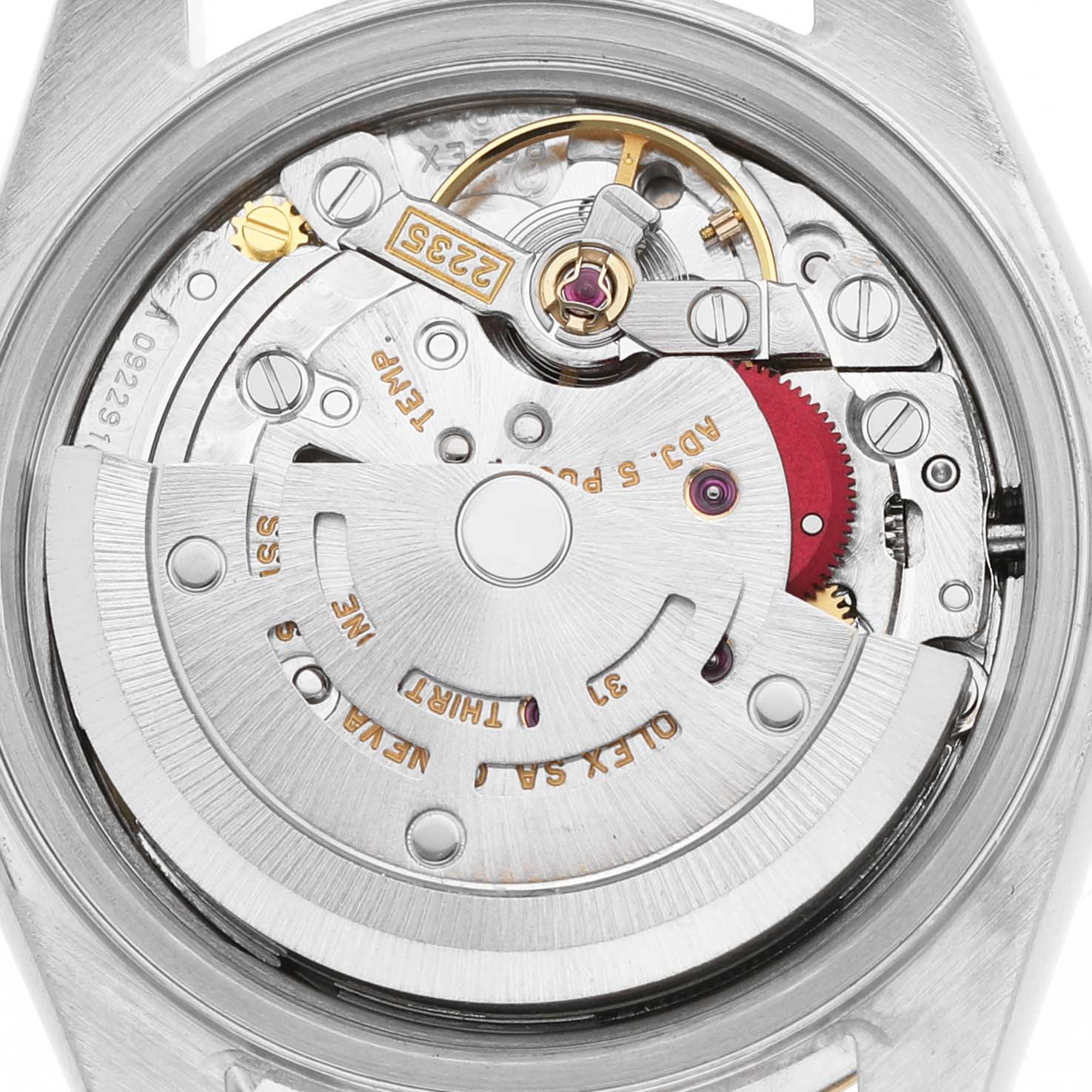 The image shows the internal movement components of a Rolex Datejust 79173 Women's Steel and Gold (two tone) Champagne Dial watch, viewed from the back.