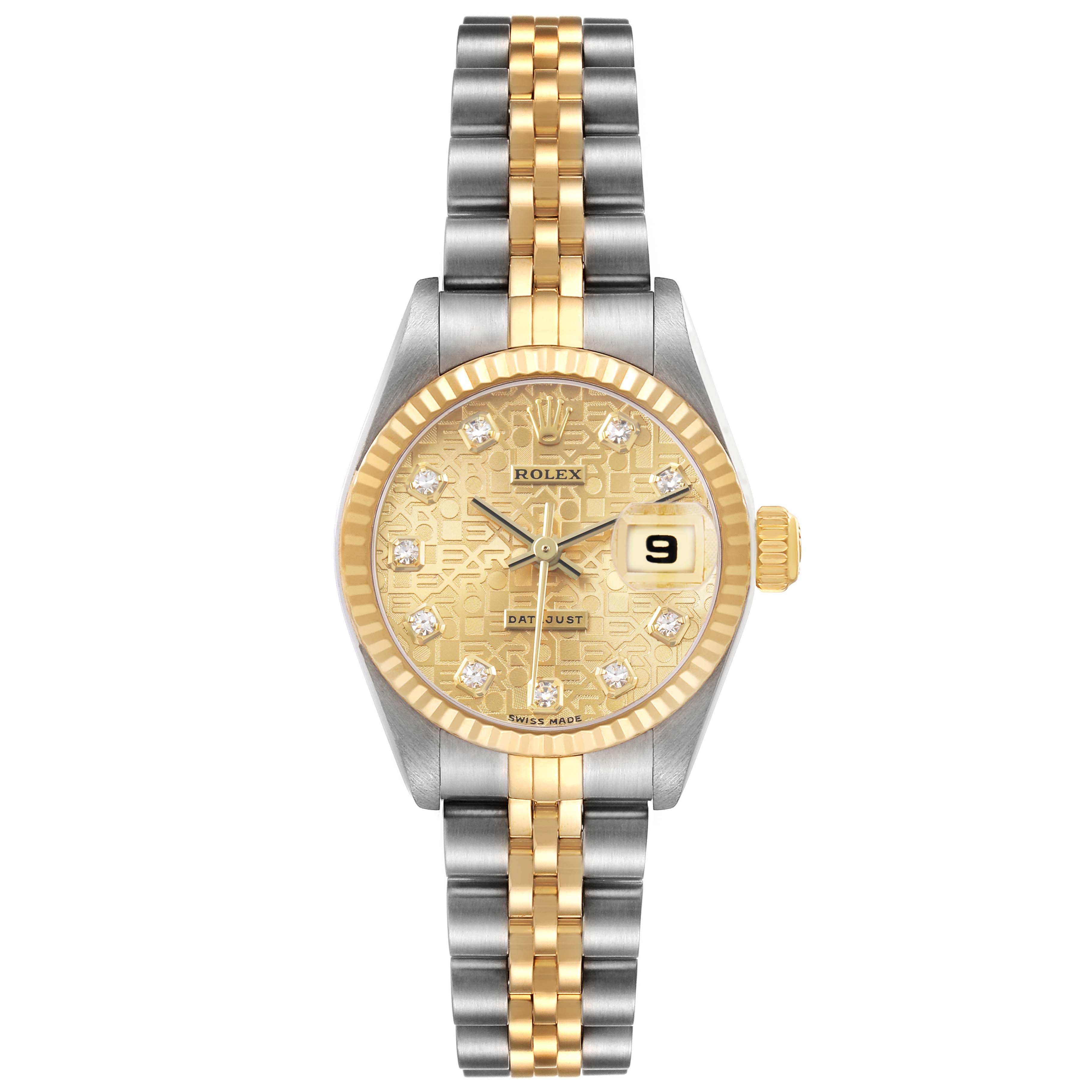 The Rolex Datejust 79173 Women's Steel and Gold (two tone) Champagne Dial watch shown is viewed from the front, displaying its two-tone bracelet, gold dial, and diamond hour markers.