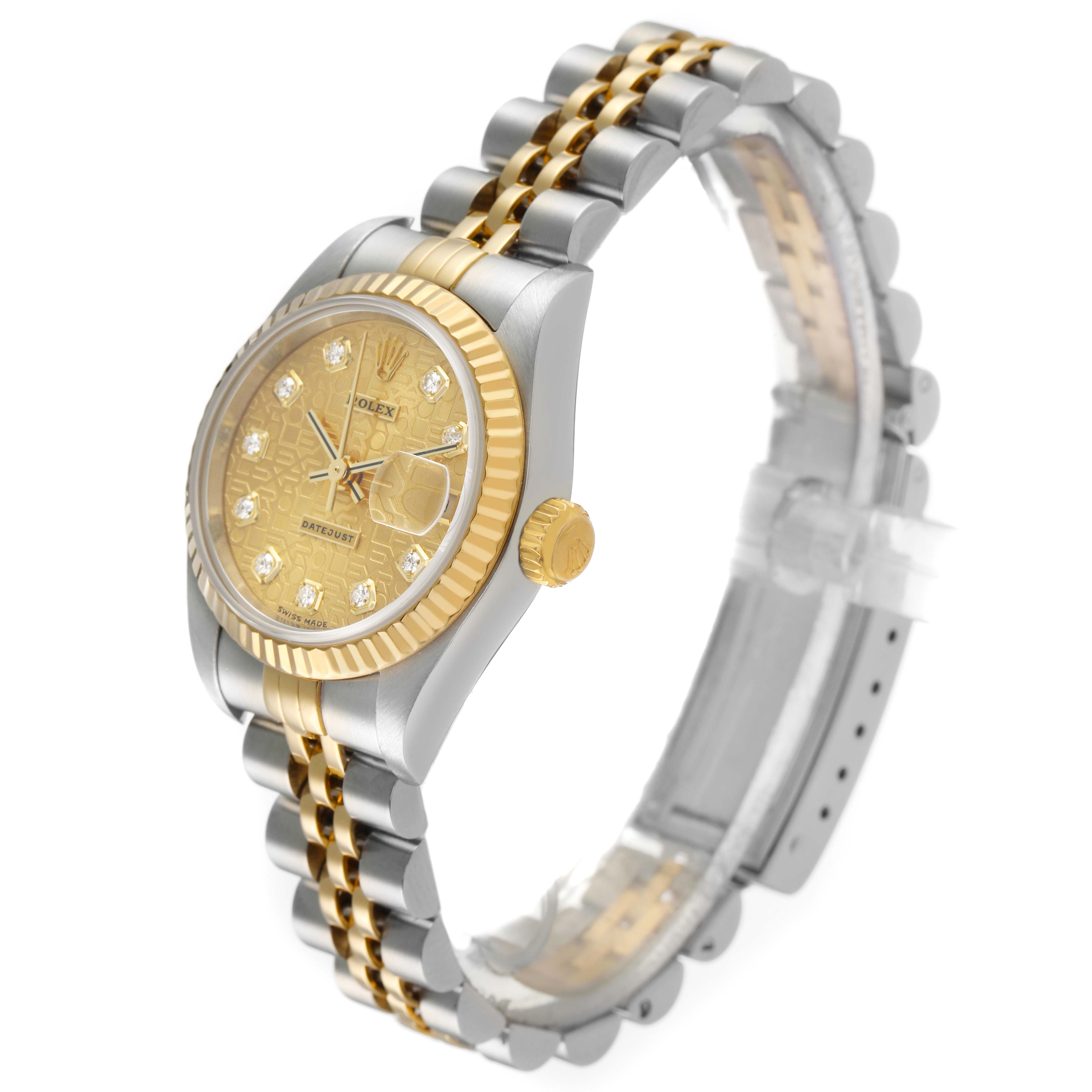 The Rolex Datejust 79173 Women's Steel and Gold (two tone) Champagne Dial is shown at a three-quarter angle, featuring the face, bezel, crown, and bracelet.