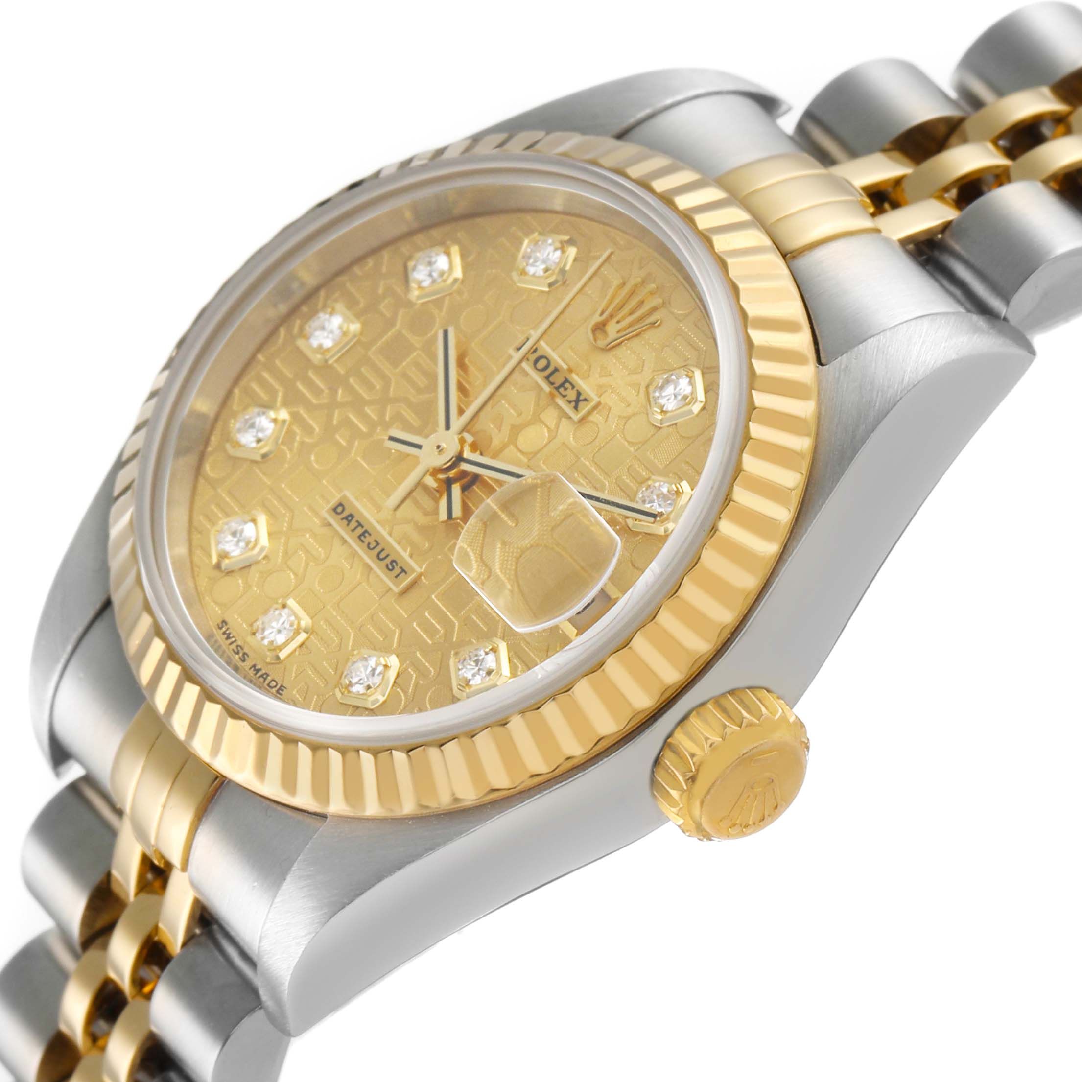 The Rolex Datejust 79173 Women's Steel and Gold (two tone) Champagne Dial is shown at an angle highlighting the bezel, crown, and part of the bracelet.