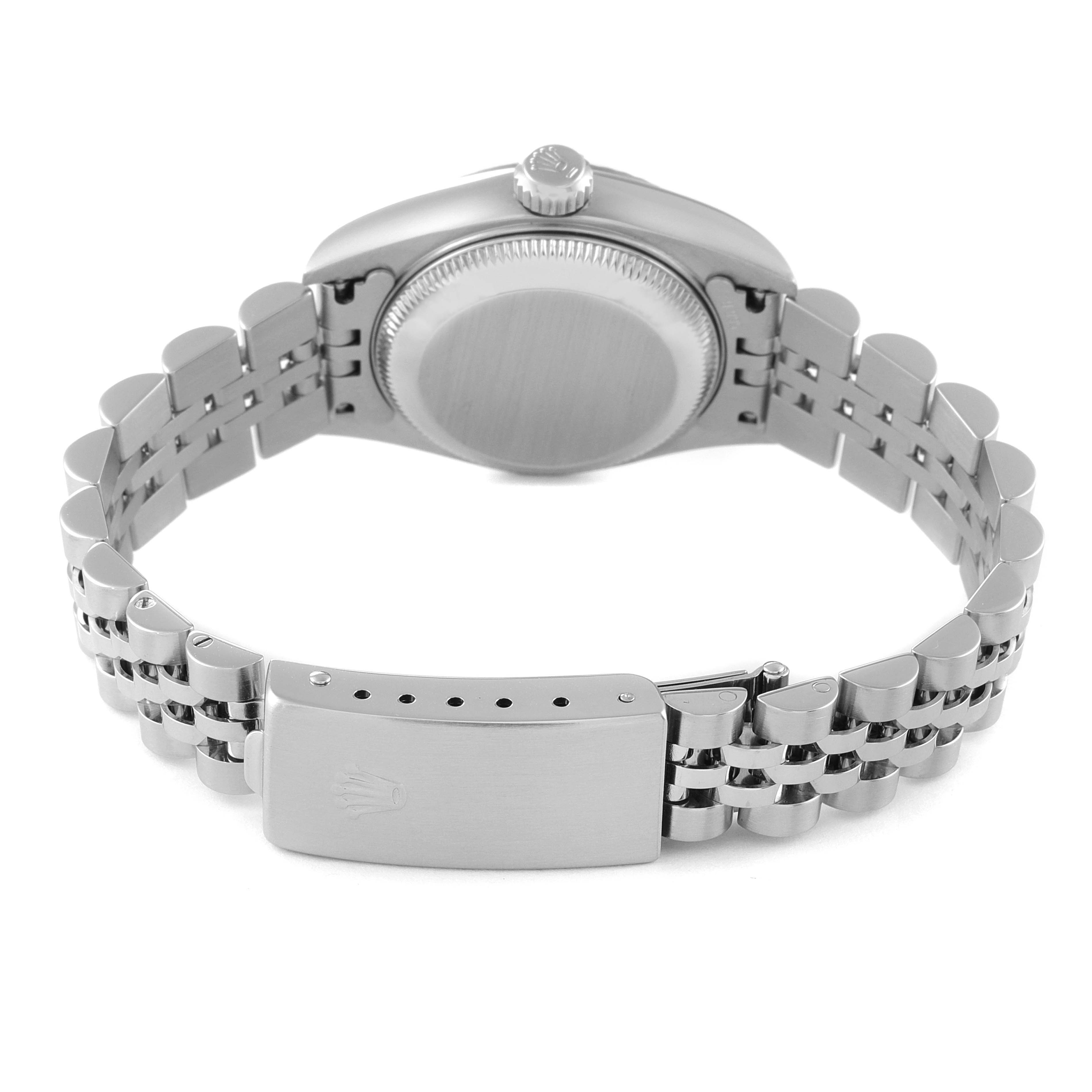 This image shows the back view of a Rolex Datejust 79174 Women's Stainless Steel Pink Dial 79174 Women's Stainless Steel Pink Dial watch displaying the clasp, case back, and bracelet.