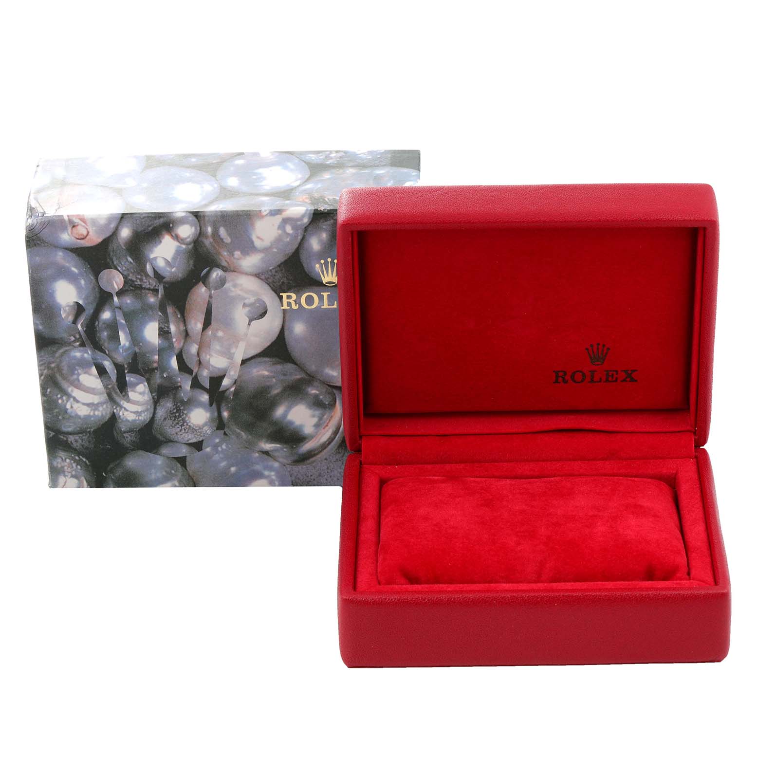 The image shows a red velvet Rolex Datejust 79174 Women's Stainless Steel Pink Dial 79174 Women's Stainless Steel Pink Dial watch box with the lid open and the outer packaging beside it.