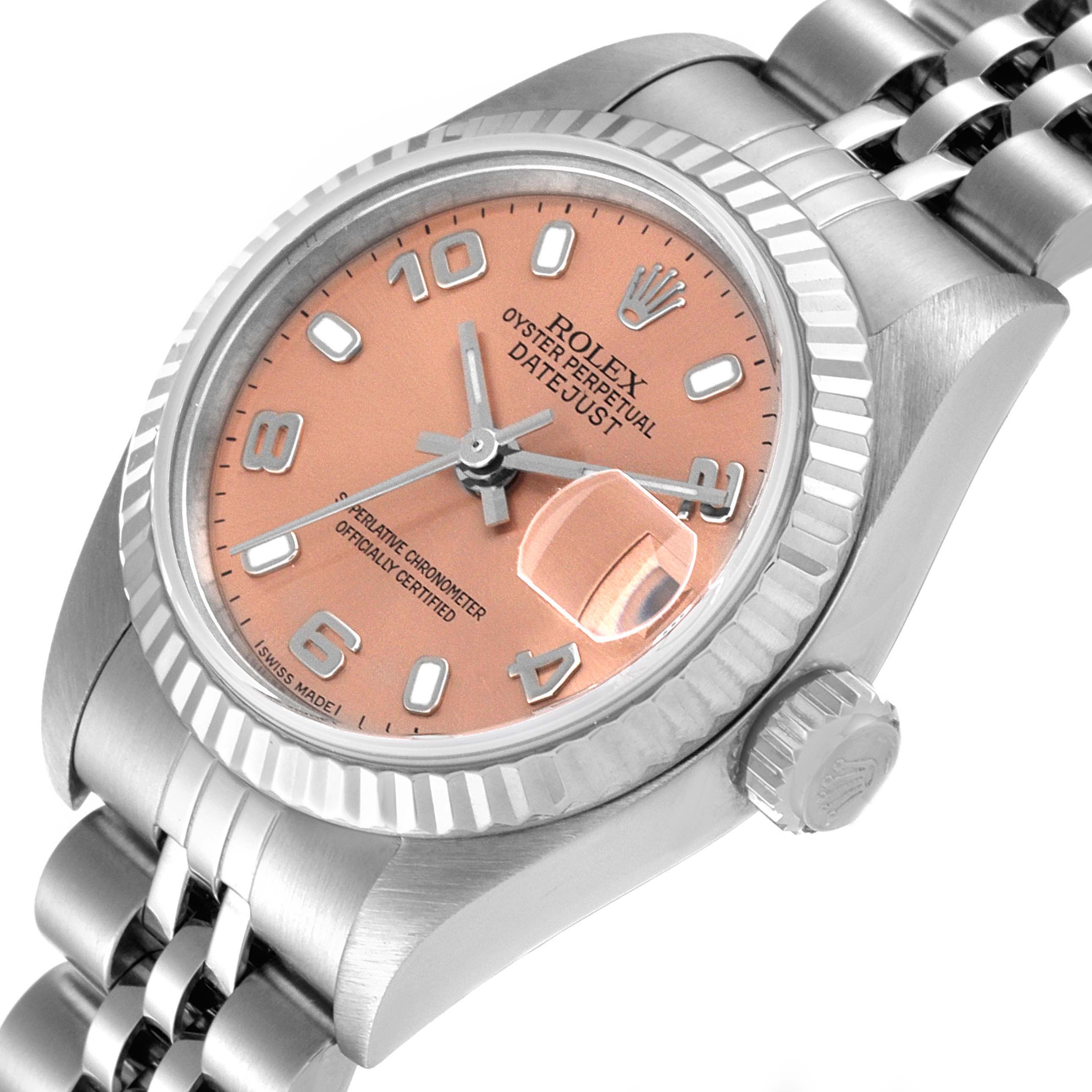 The image shows a close-up of the Rolex Datejust 79174 Women's Stainless Steel Pink Dial 79174 Women's Stainless Steel Pink Dial watch, highlighting its case, crown, apertures, and bracelet.
