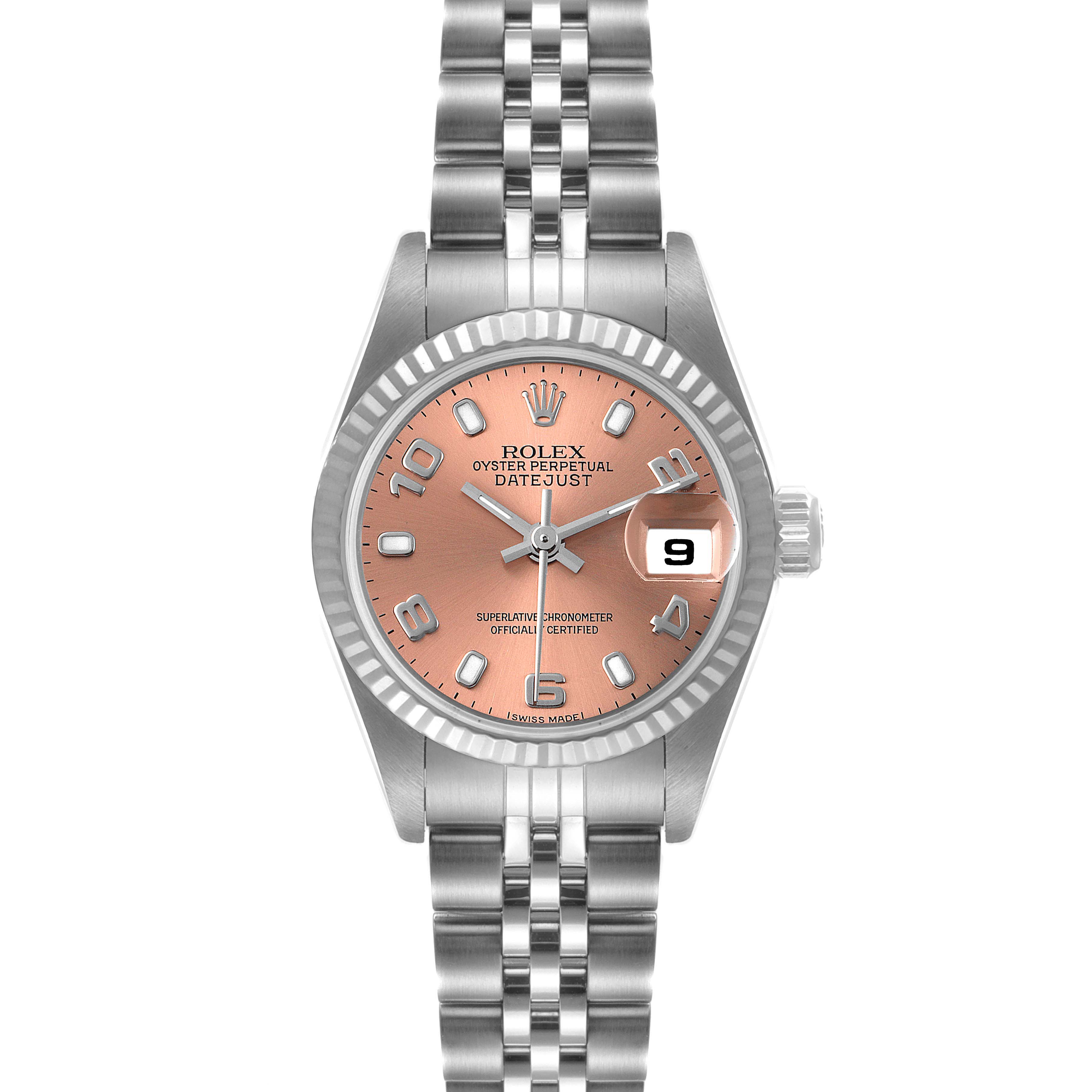 The Rolex Datejust 79174 Women's Stainless Steel Pink Dial 79174 Women's Stainless Steel Pink Dial watch is shown from a front angle, displaying the dial, date window, and bracelet.