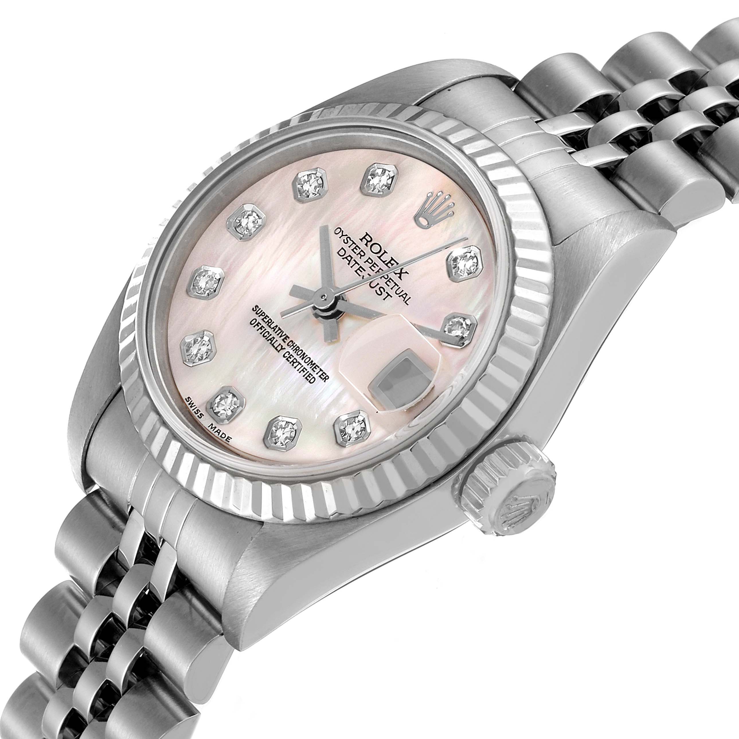 The image shows a close-up of a Rolex Datejust 79174 Women's Stainless Steel Mother of Pearl Dial 79174 Women's Stainless Steel Mother of Pearl Dial watch from an angled view, highlighting its dial, crown, and part of the bracelet.