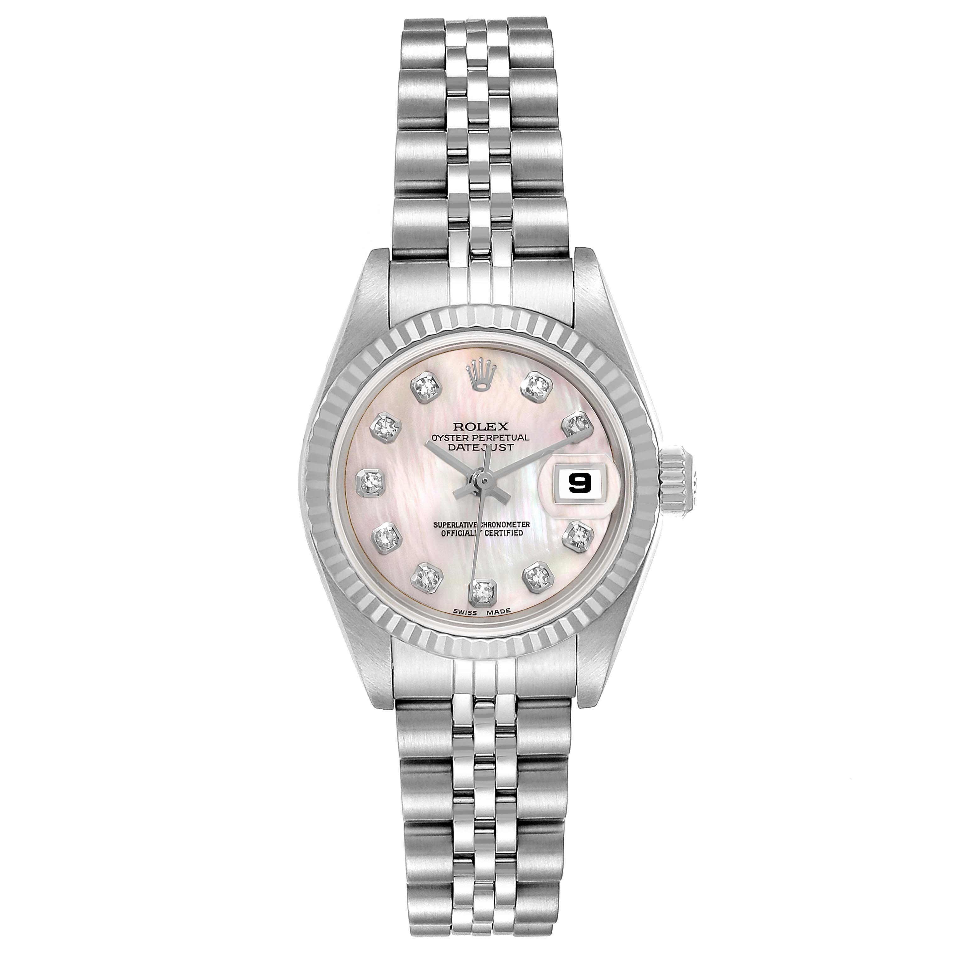 This is a front view of a Rolex Datejust 79174 Women's Stainless Steel Mother of Pearl Dial 79174 Women's Stainless Steel Mother of Pearl Dial watch showing the dial, bezel, and bracelet.