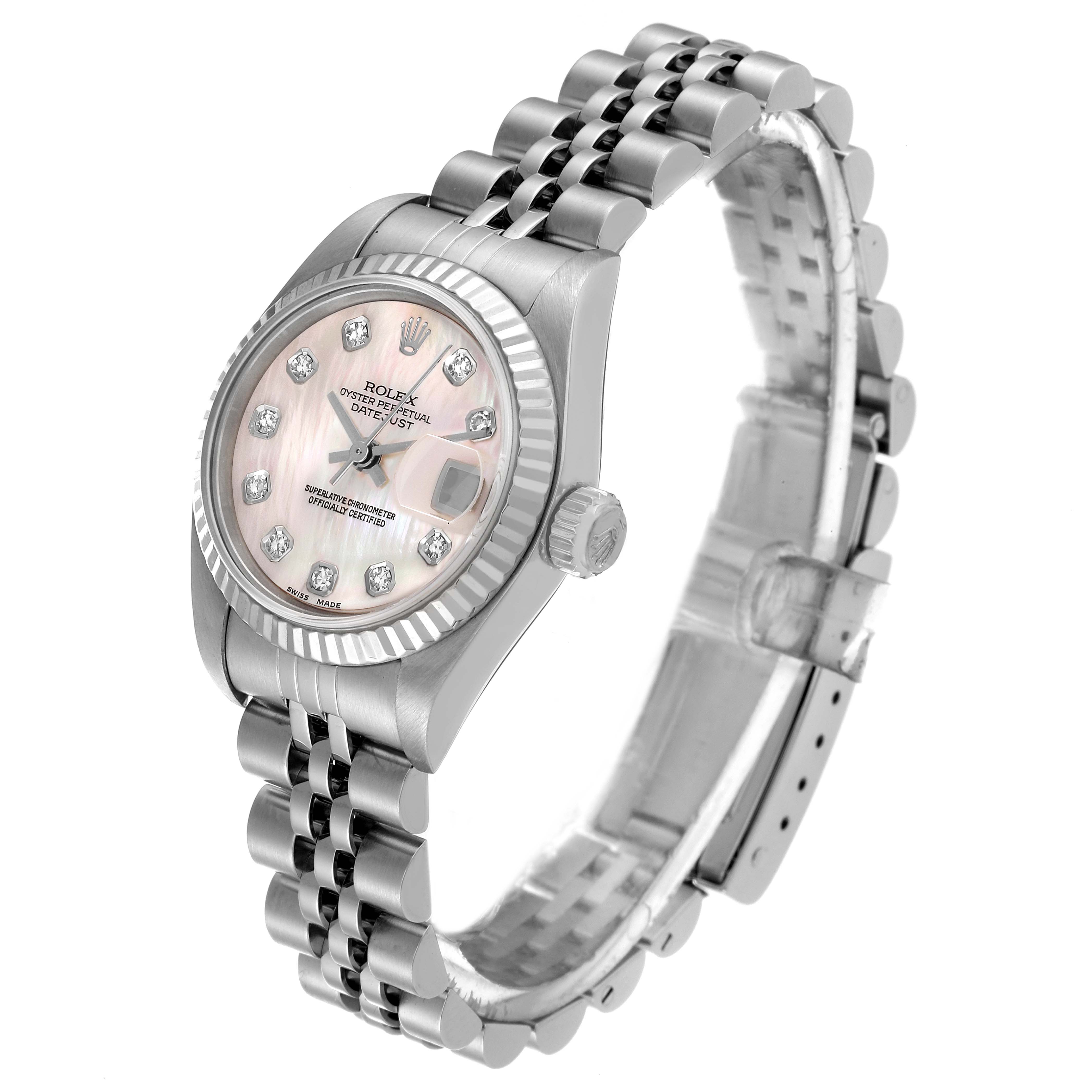 The Rolex Datejust 79174 Women's Stainless Steel Mother of Pearl Dial 79174 Women's Stainless Steel Mother of Pearl Dial watch is shown at a slight angle, displaying its face, fluted bezel, crown, and Jubilee bracelet.